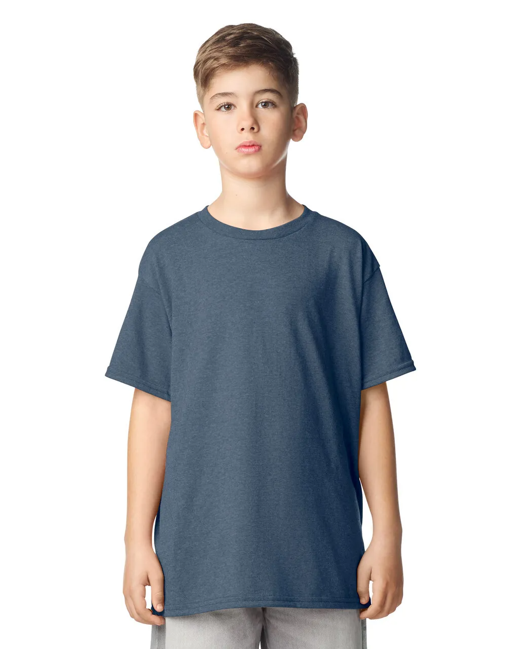 Young boy wearing a blue t-shirt on a white background