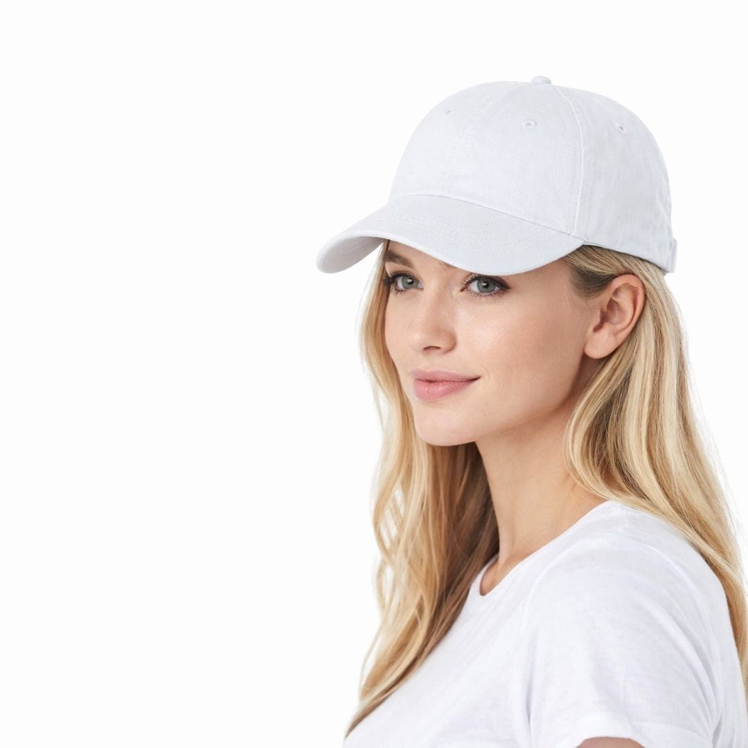 Woman wearing a white cap and white shirt on a white background