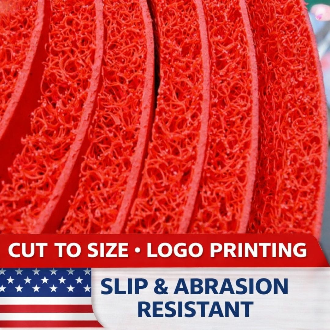 Red textured material with text 'Cut to size, logo printing, slip & abrasion resistant' on a white background.
