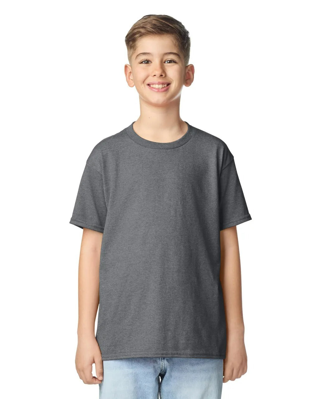 Child wearing a gray t-shirt on a white background