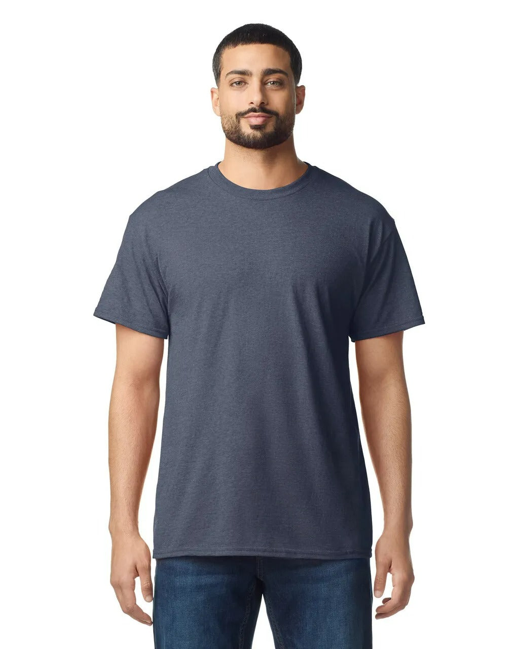 Man wearing a plain navy blue t-shirt on a white background
