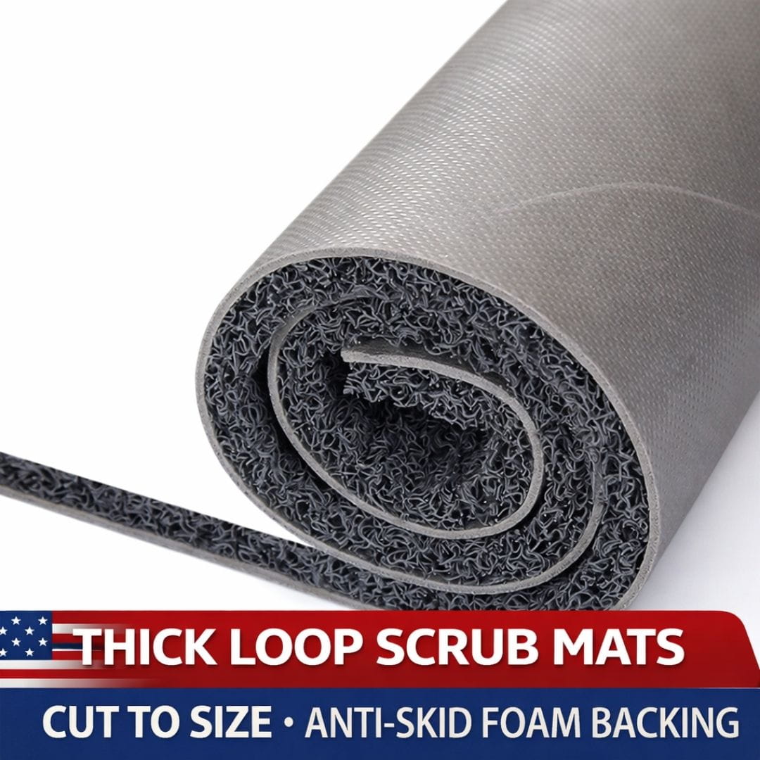 Roll of thick loop scrub mat with text about customization and features on a white background
