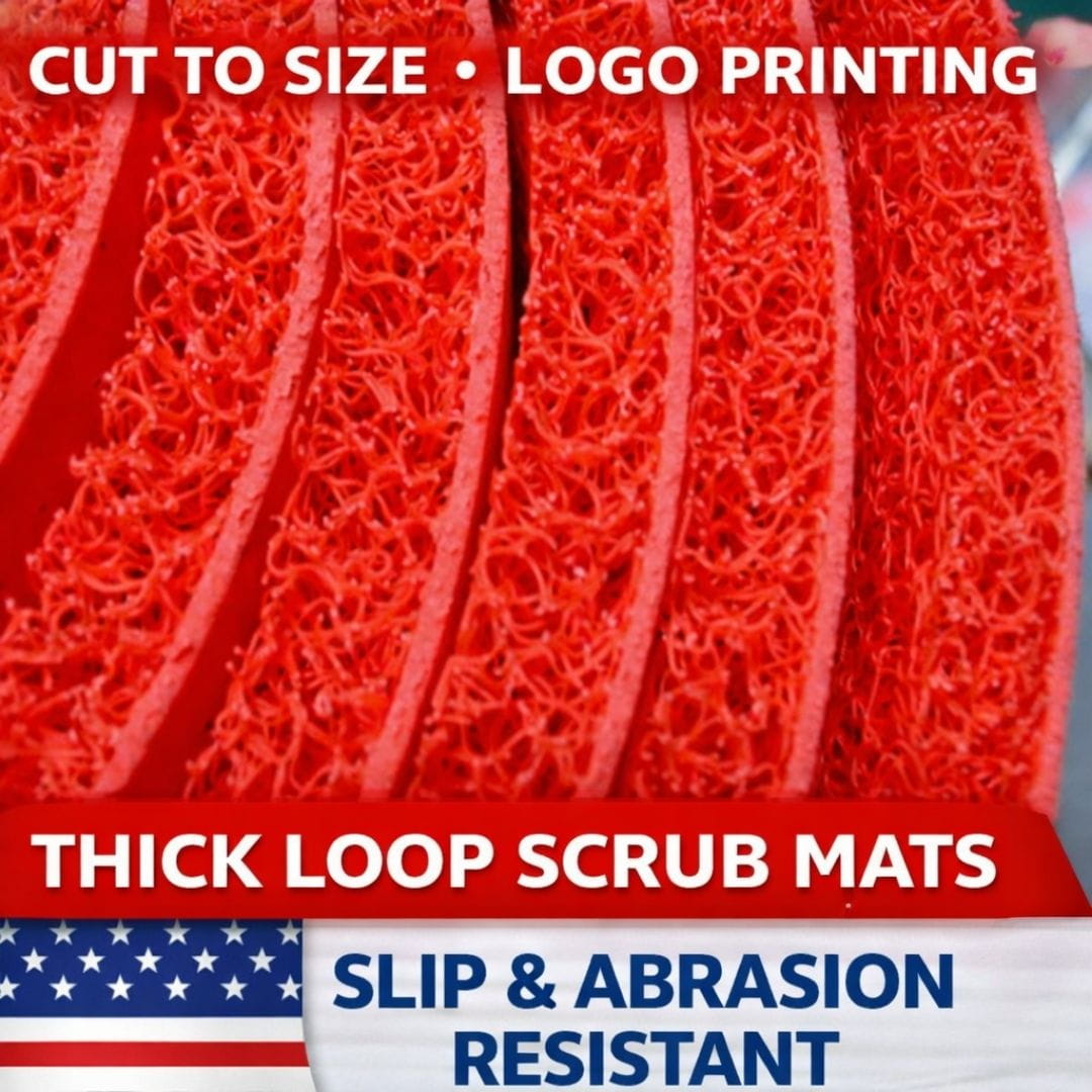 Red thick loop scrub mat with text about cut-to-size, logo printing, slip & abrasion resistance.
