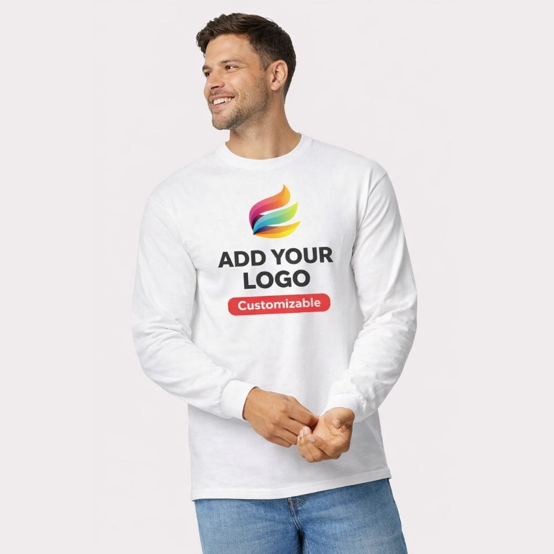 Man wearing a customizable white long-sleeve shirt with text and logo design options.