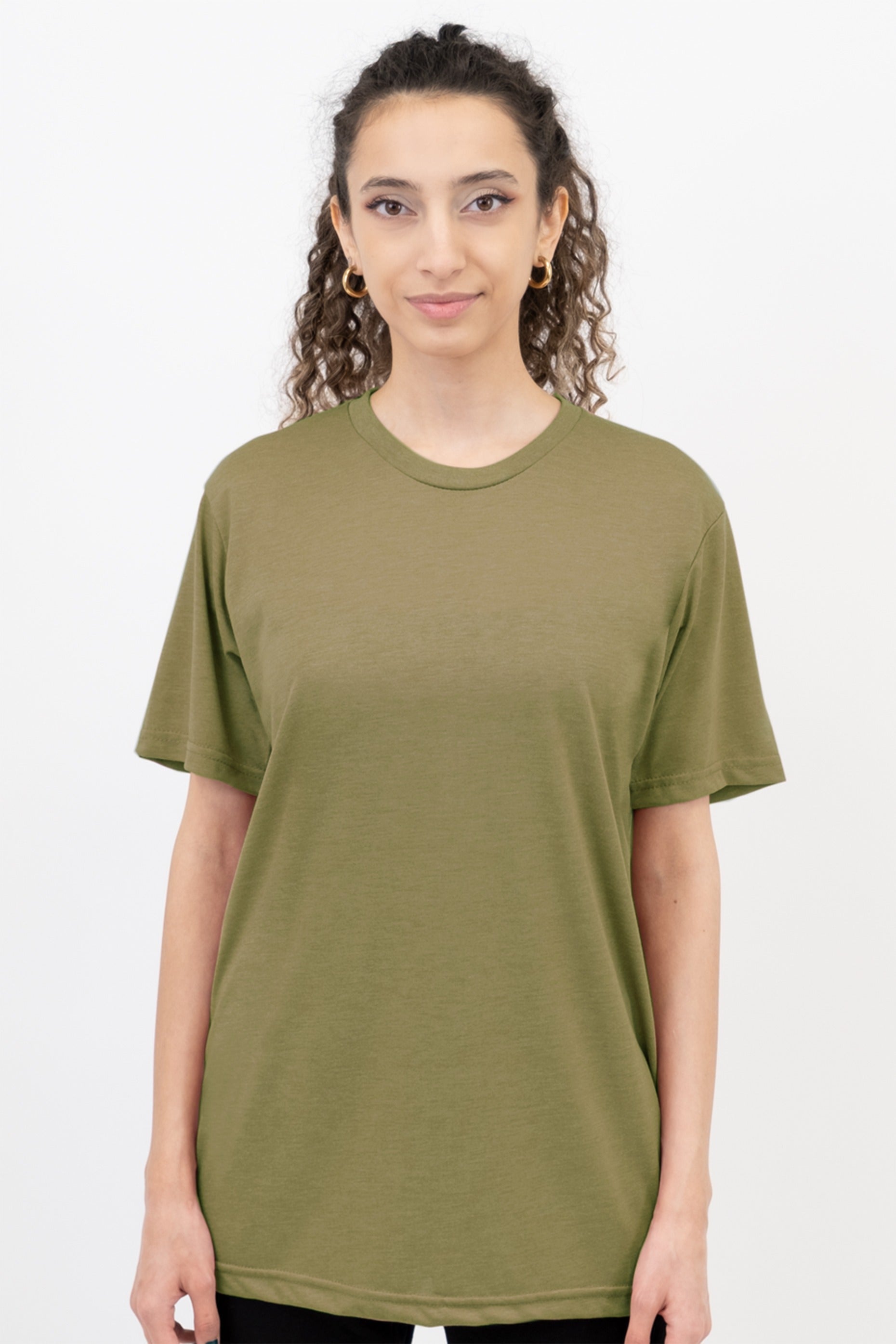 Person wearing an olive green t-shirt on a white background
