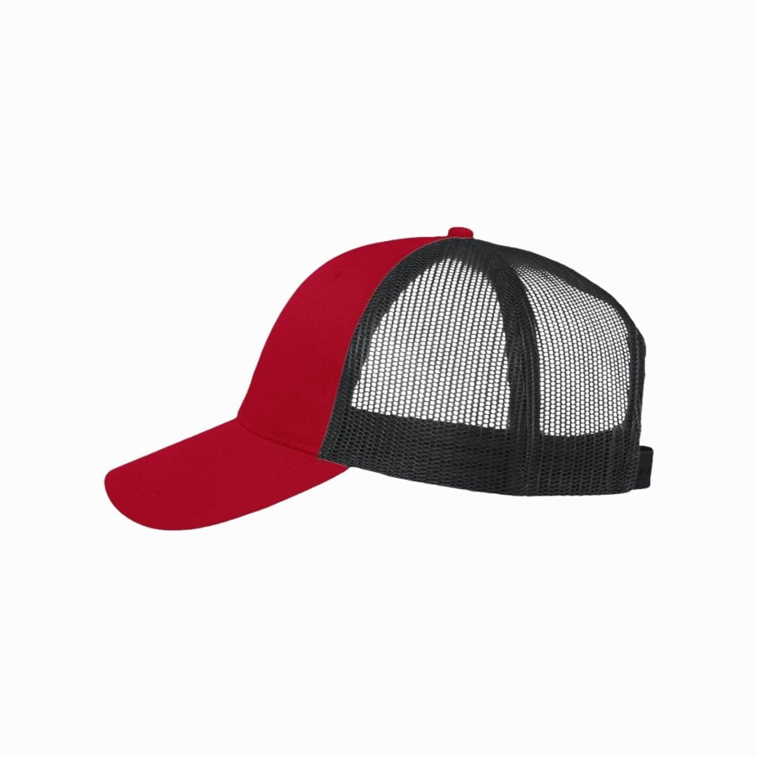 Red and black mesh cap on a white background