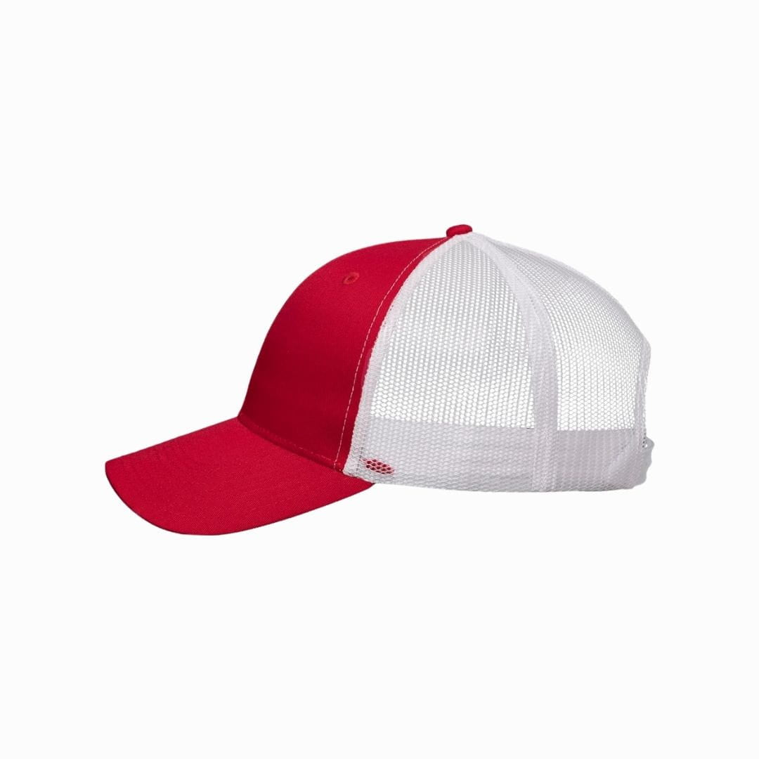 Red and white cap with mesh back on a white background