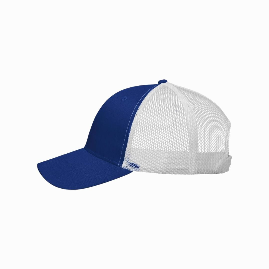 Blue and white cap with mesh back on a white background