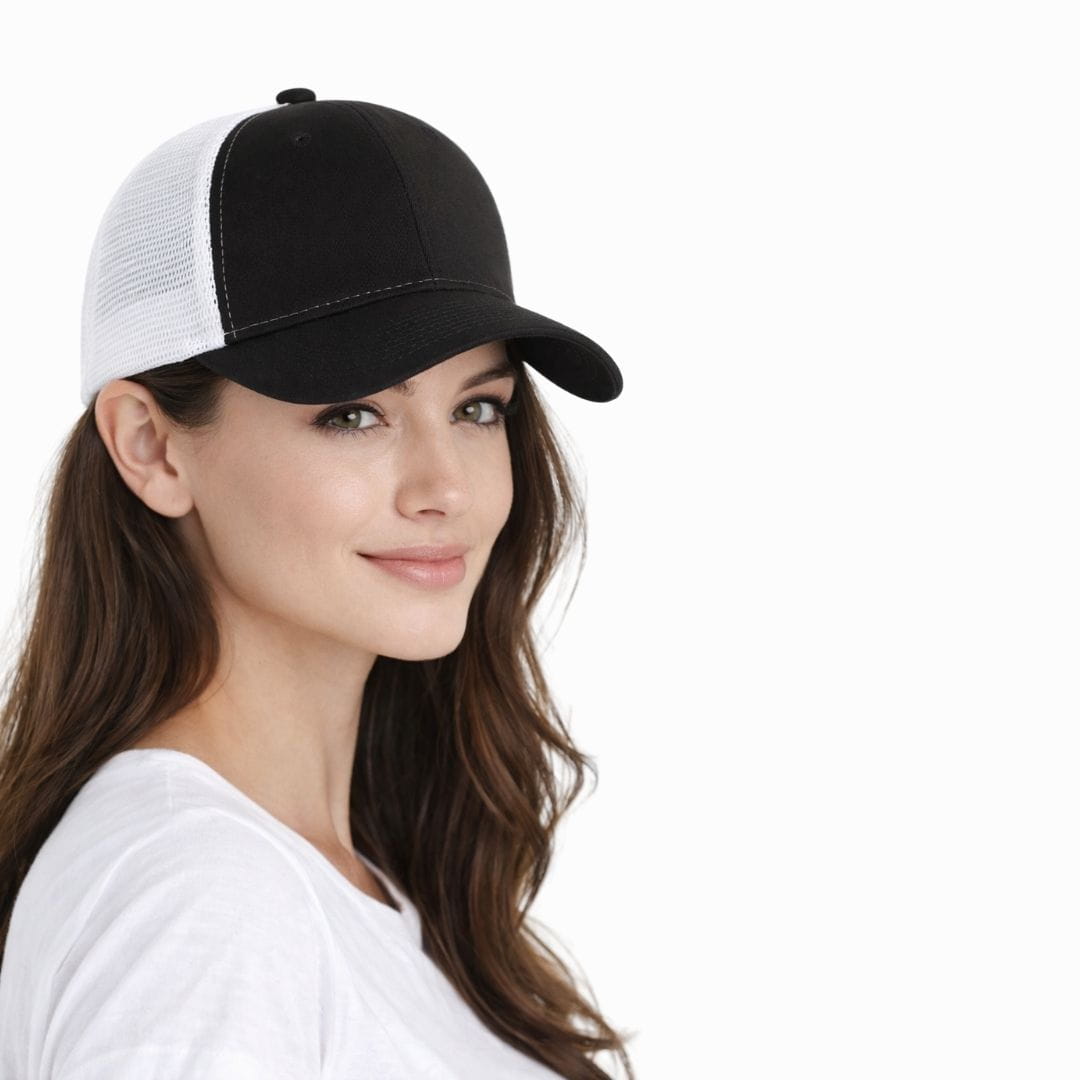 Woman wearing a black and white cap on a white background