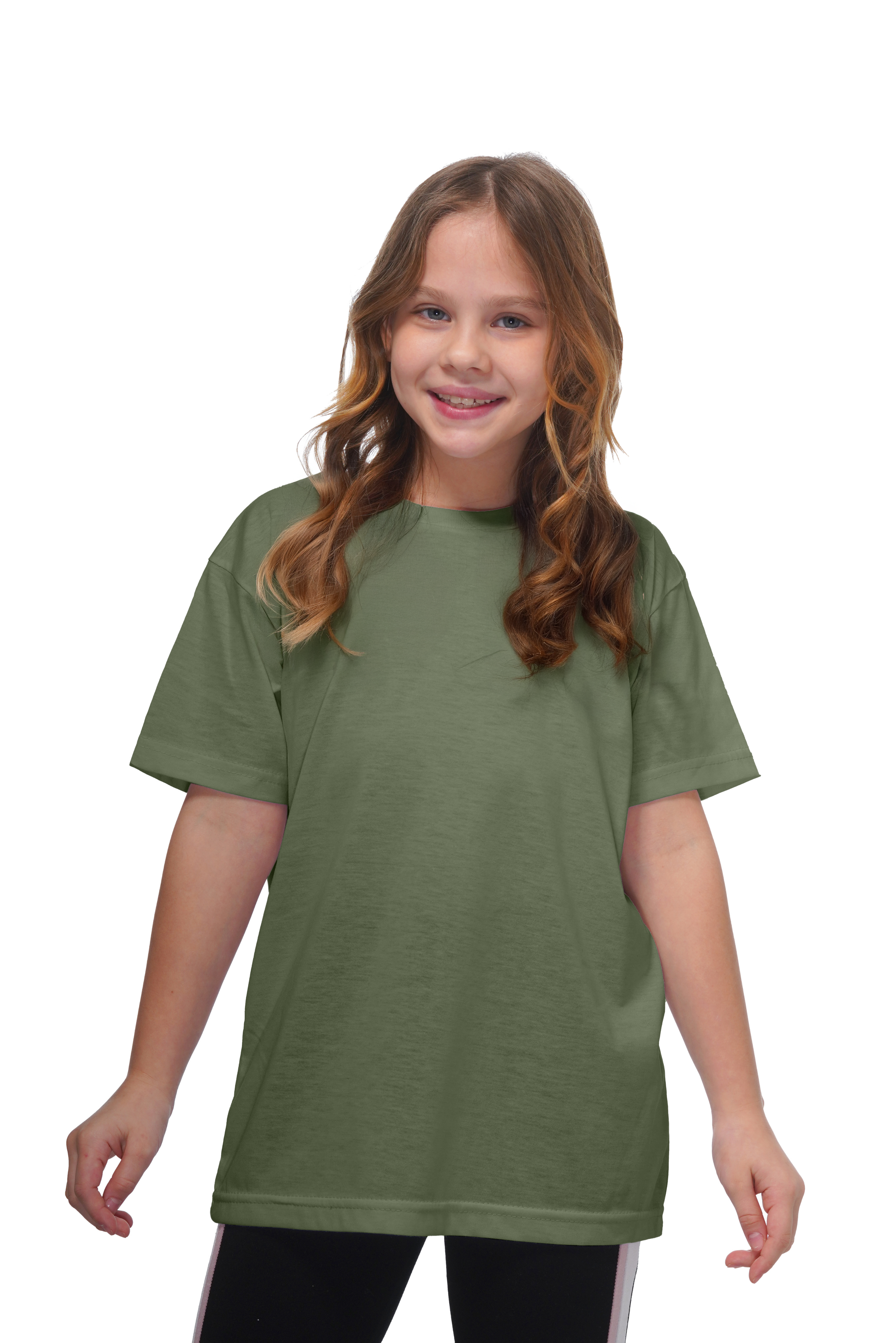 Young girl wearing a green t-shirt on a white background