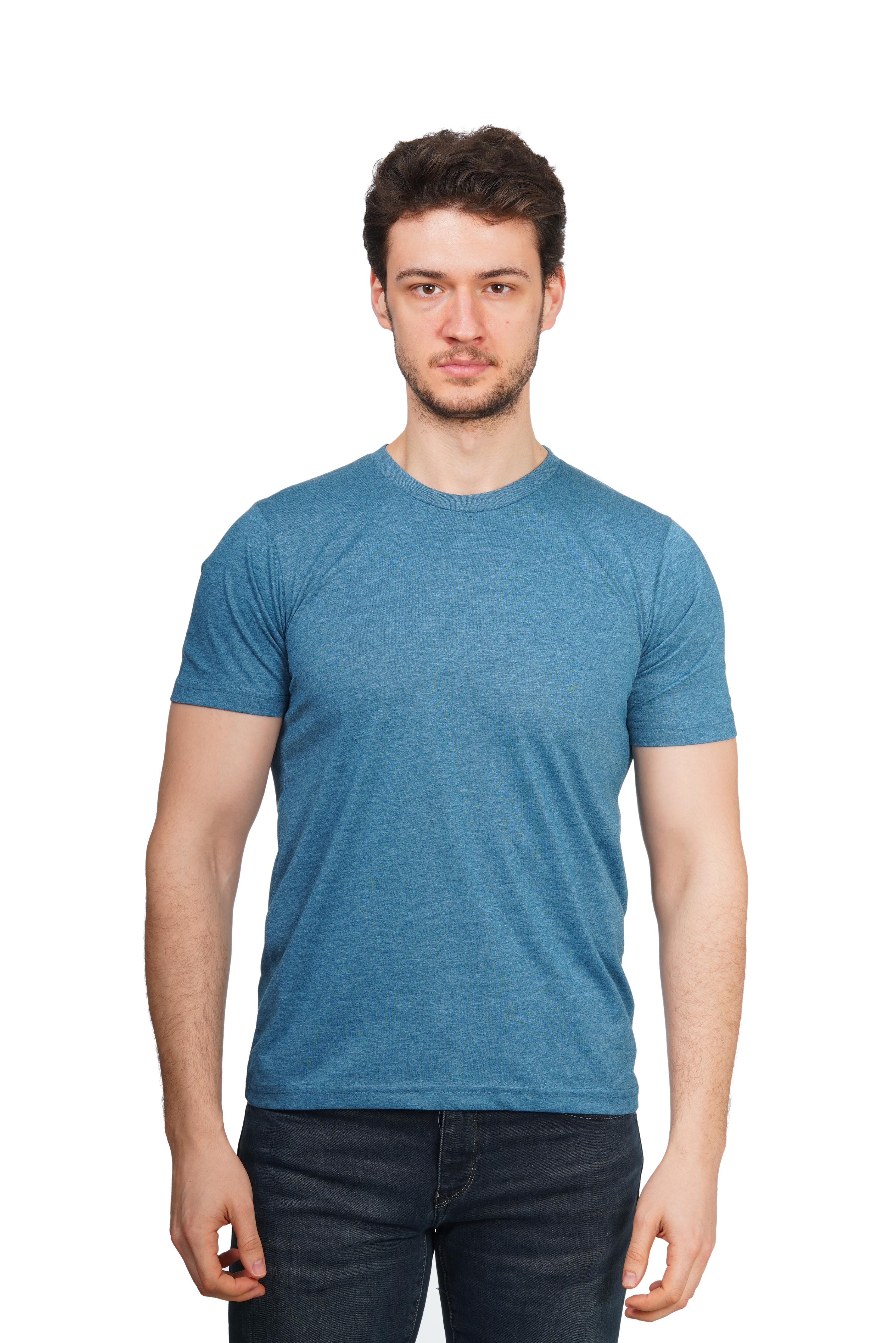 Man wearing a blue t-shirt on a white background