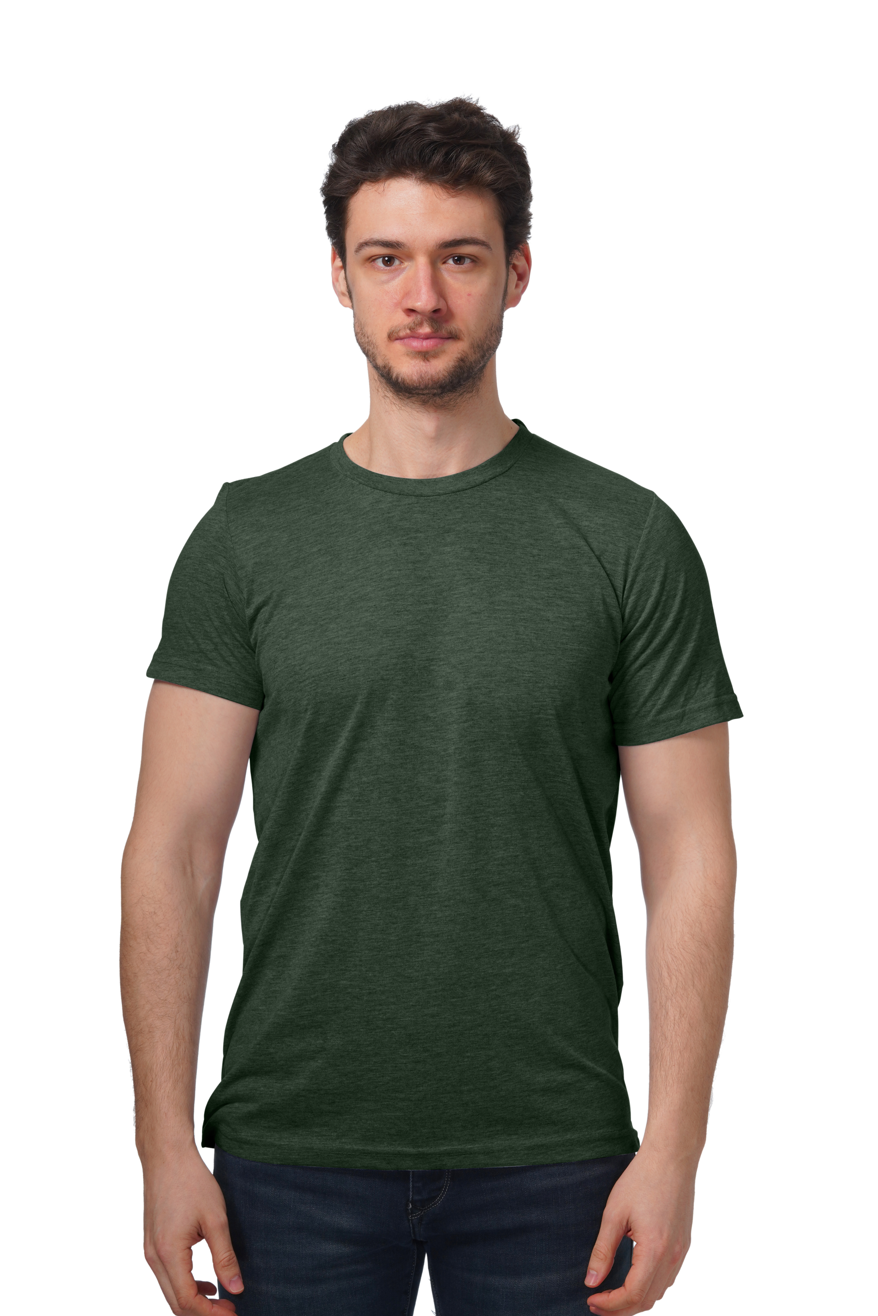 Man wearing a green t-shirt on a white background