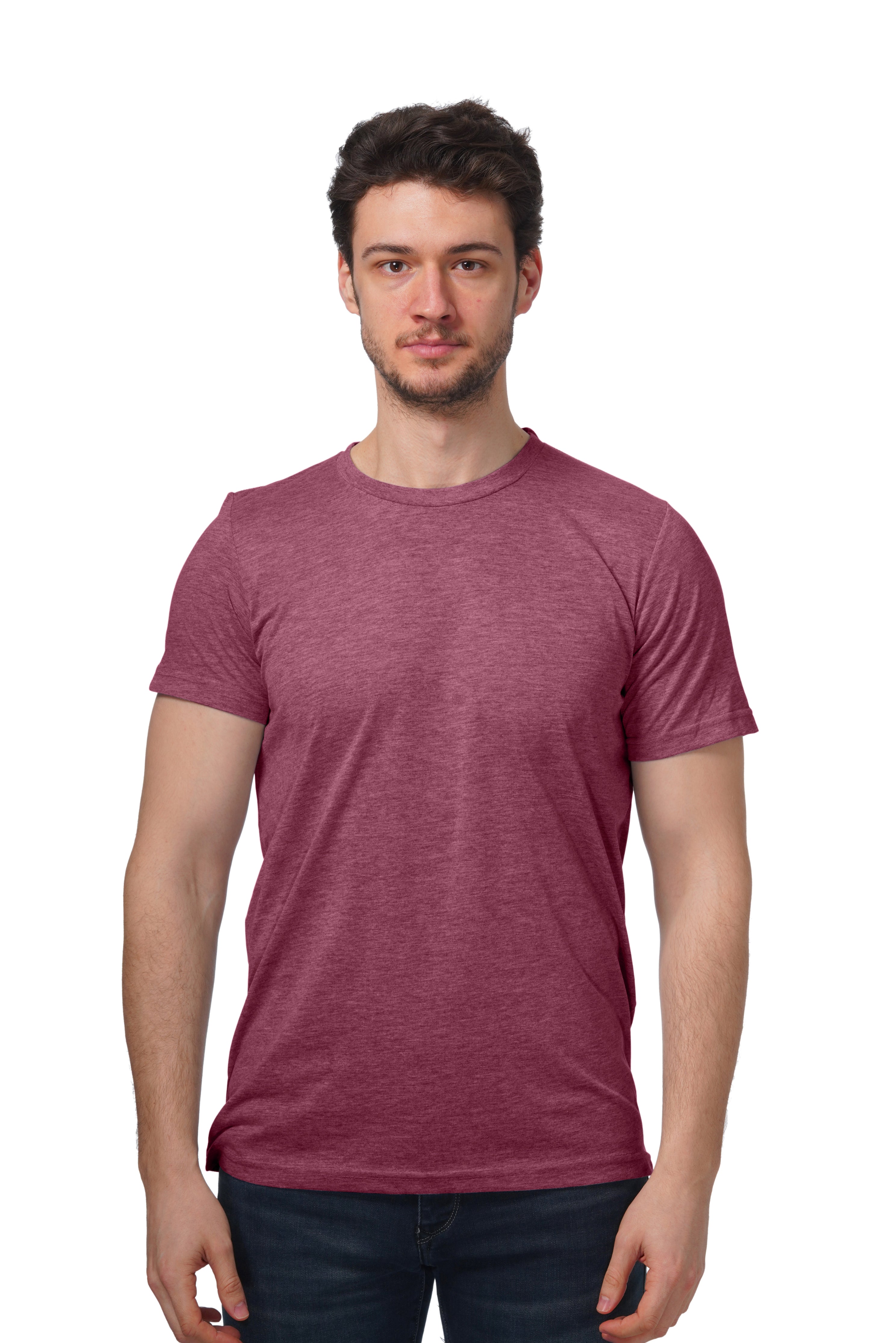 Man wearing a maroon t-shirt on a white background