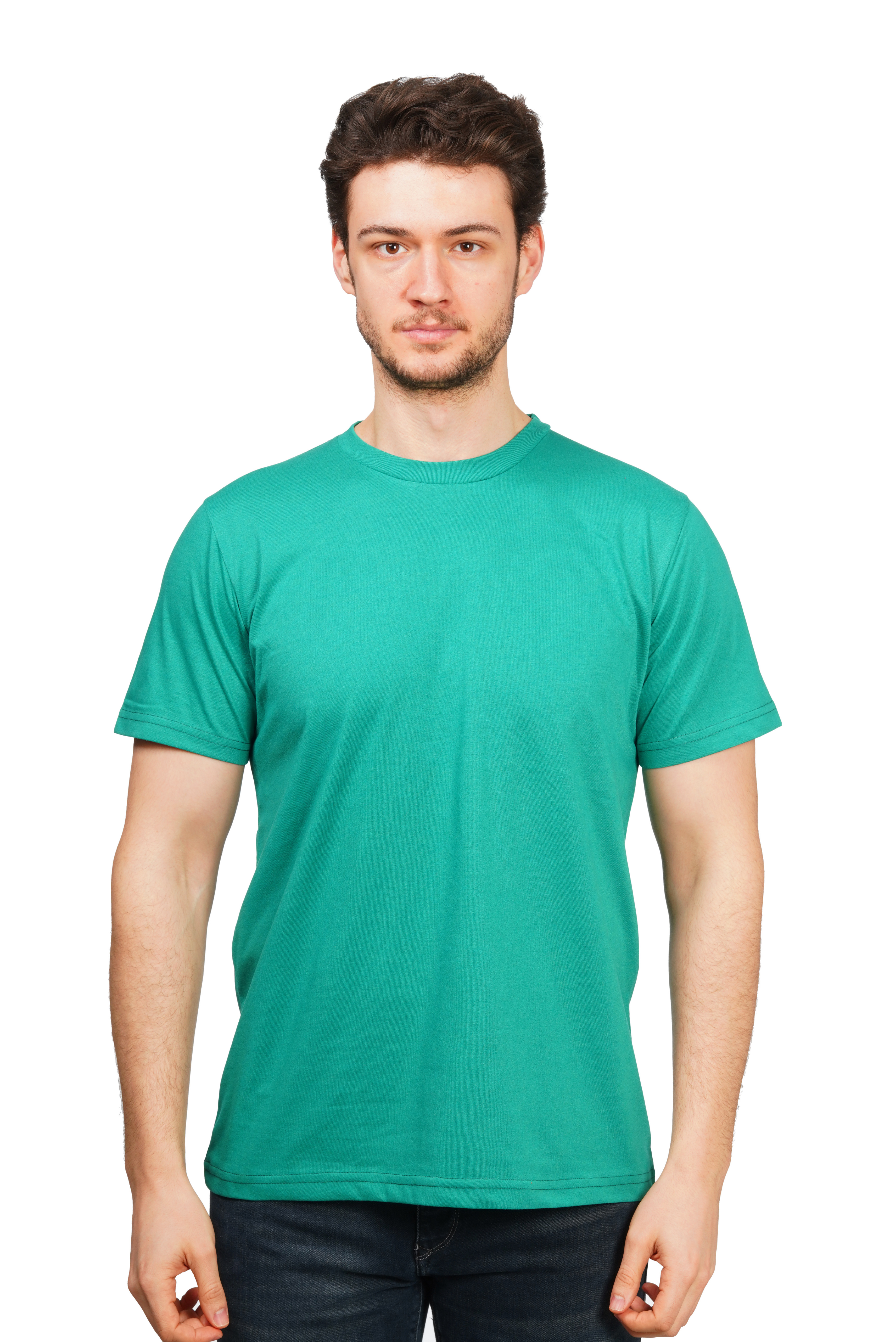 Man wearing a teal t-shirt on a white background