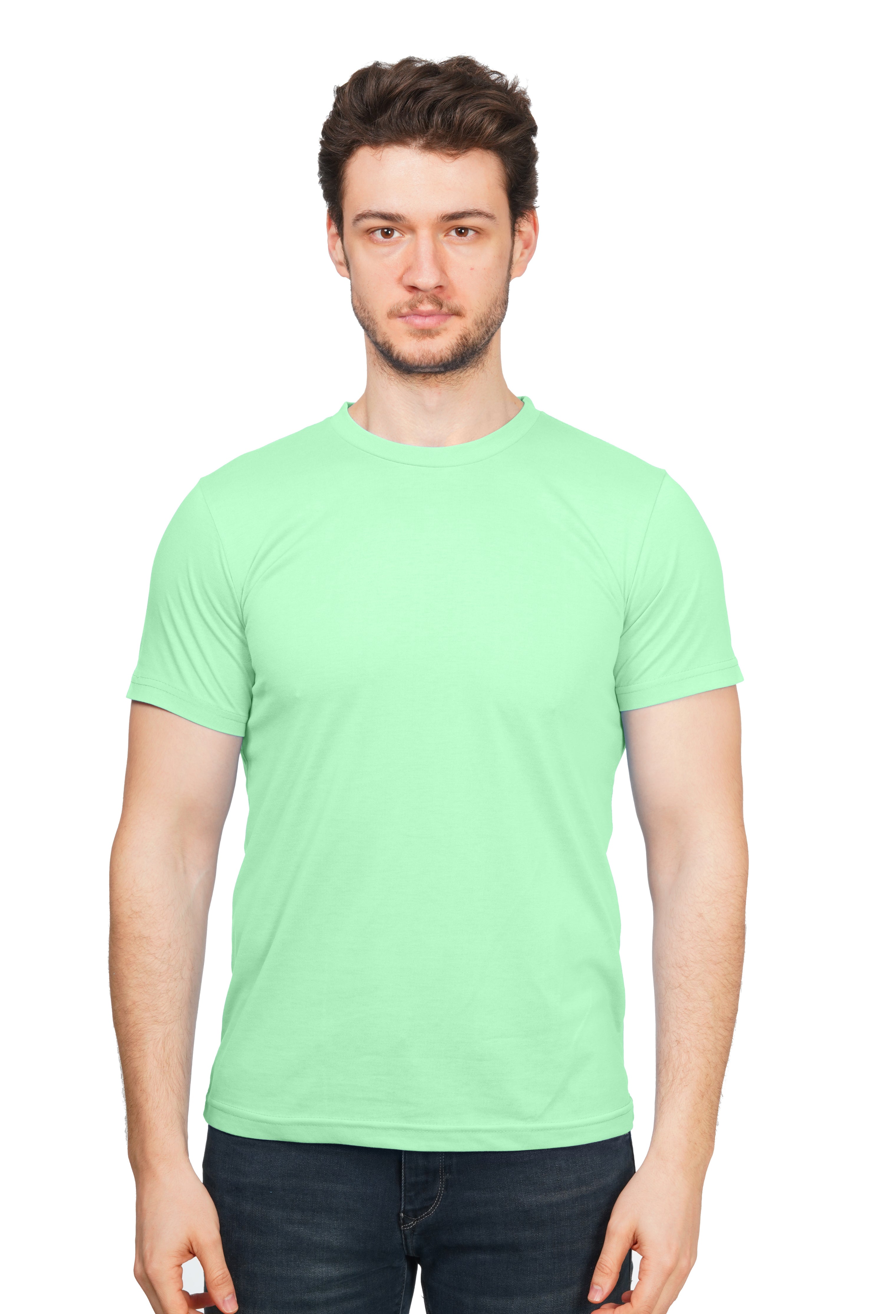 Man wearing a light green t-shirt on a white background
