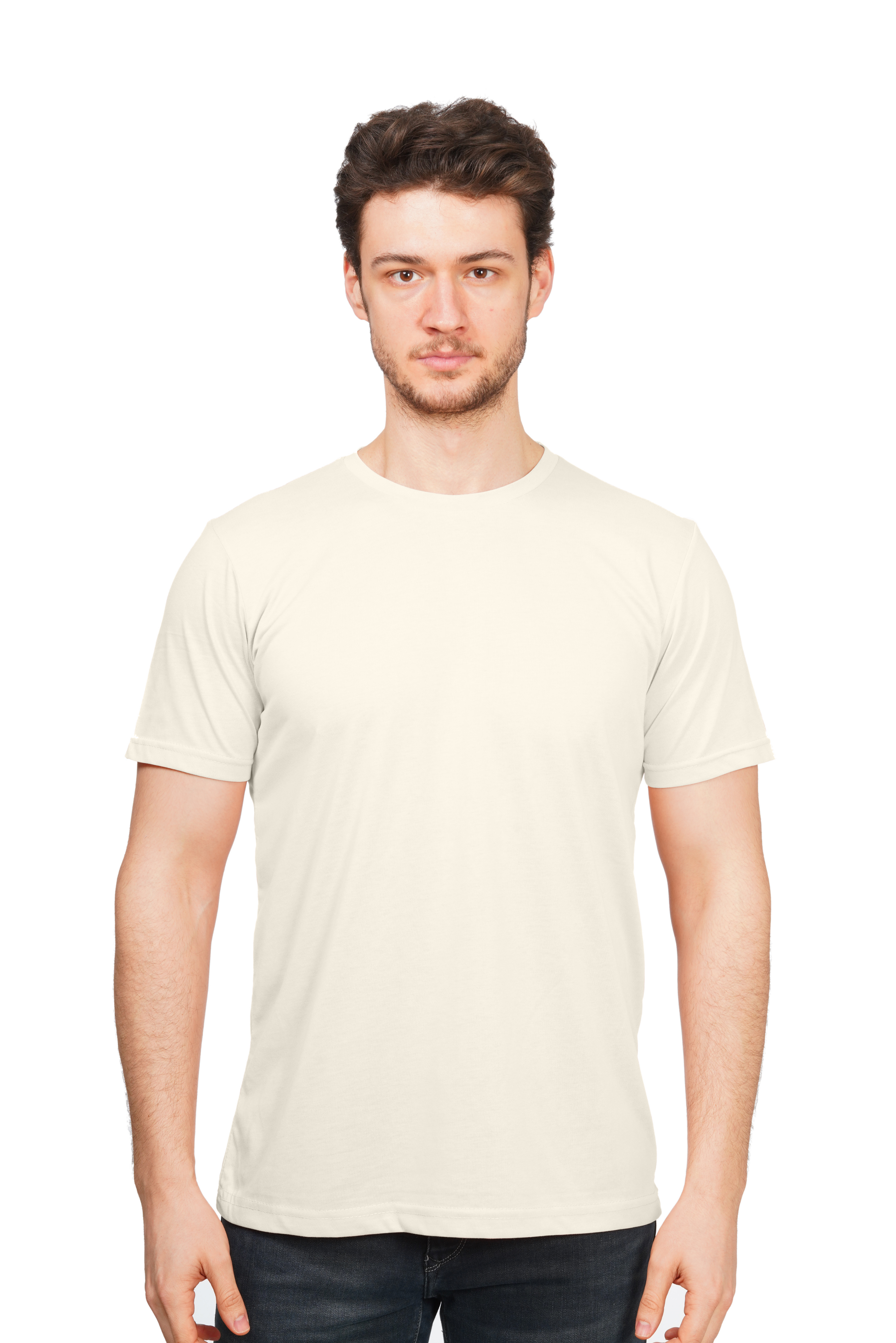 Man wearing a plain beige t-shirt on a white background