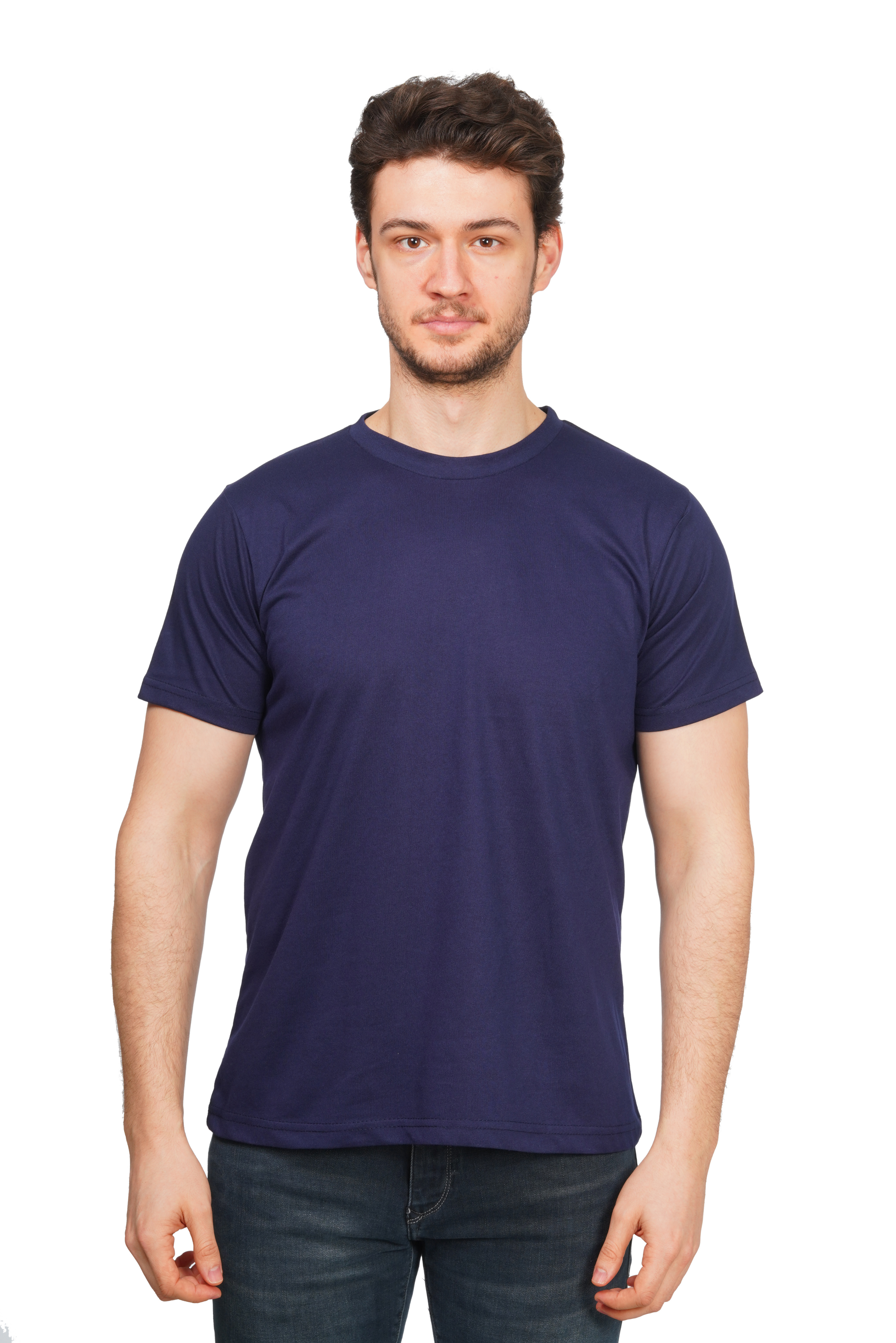 Man wearing a navy blue t-shirt on a white background