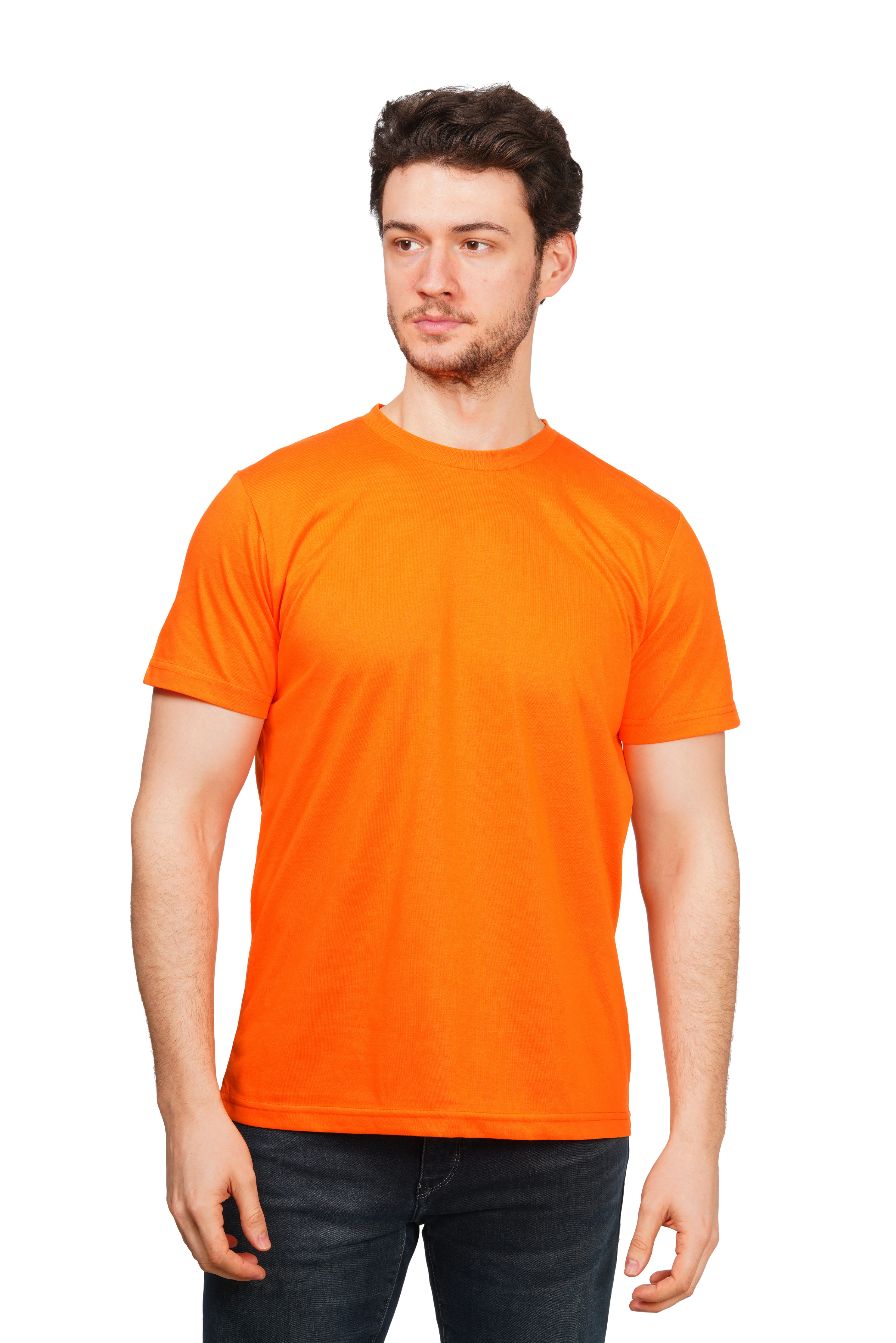 Man wearing an orange t-shirt on a white background