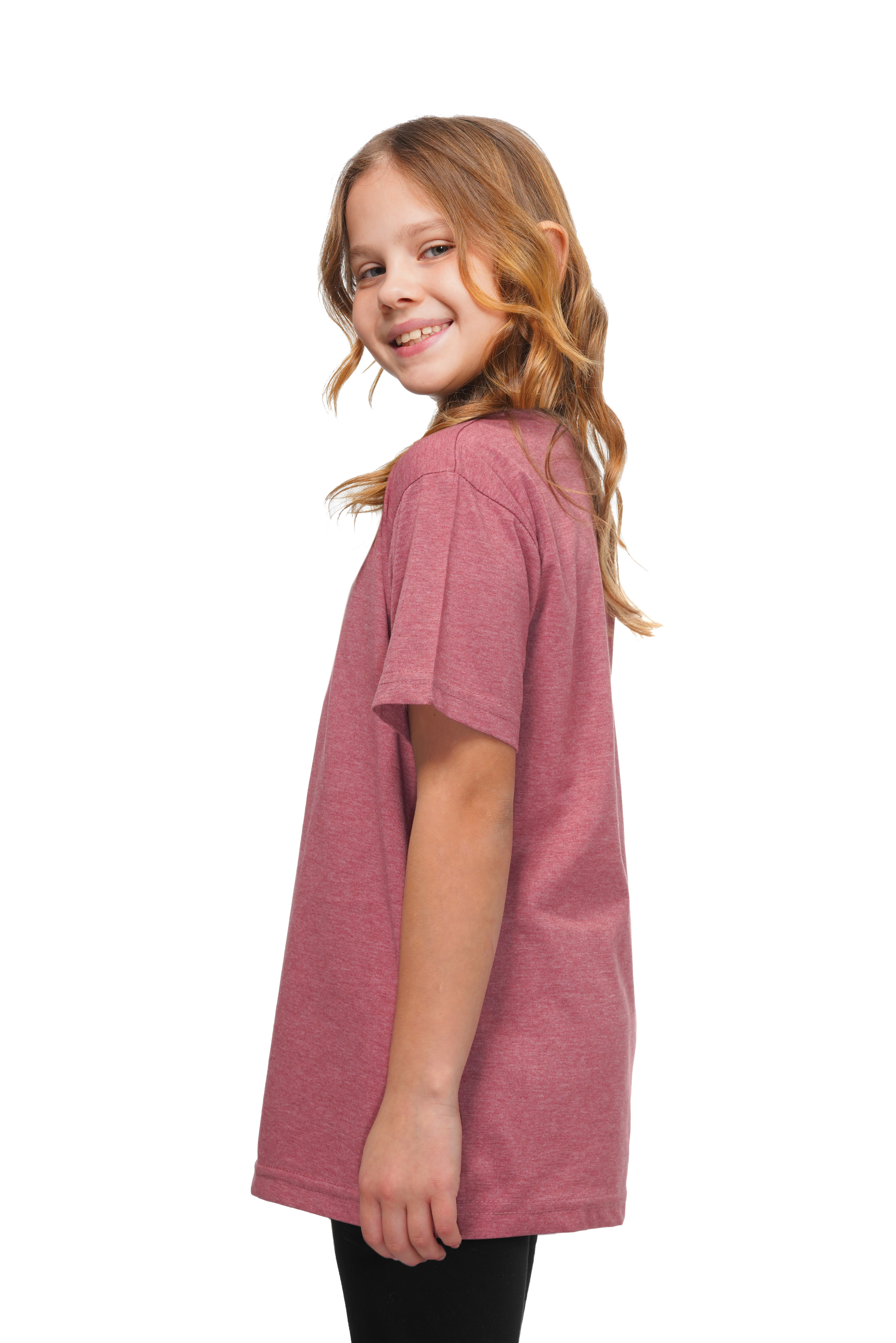 Young girl wearing a pink t-shirt on a white background