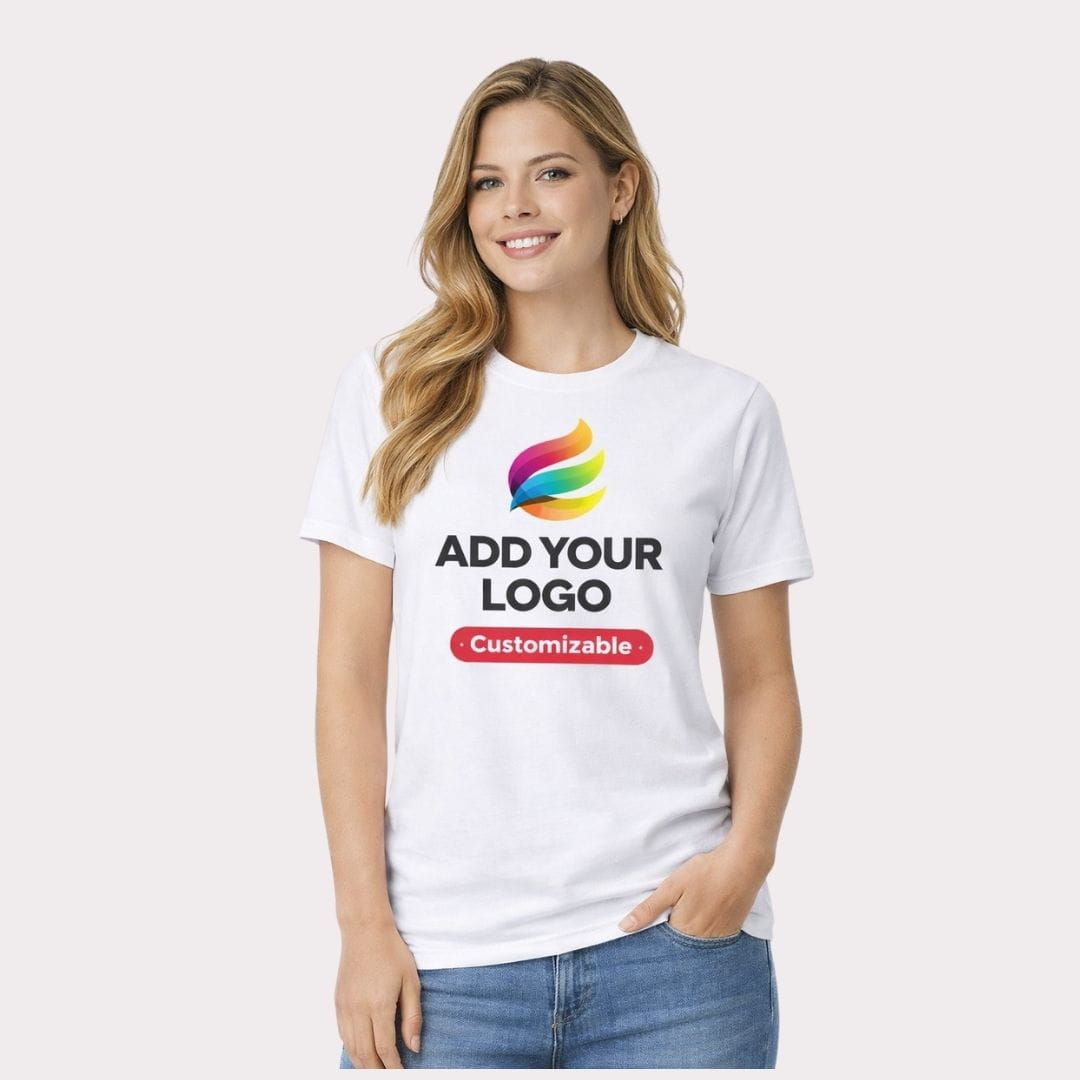 Woman wearing a customizable t-shirt with a colorful logo and text on a white background