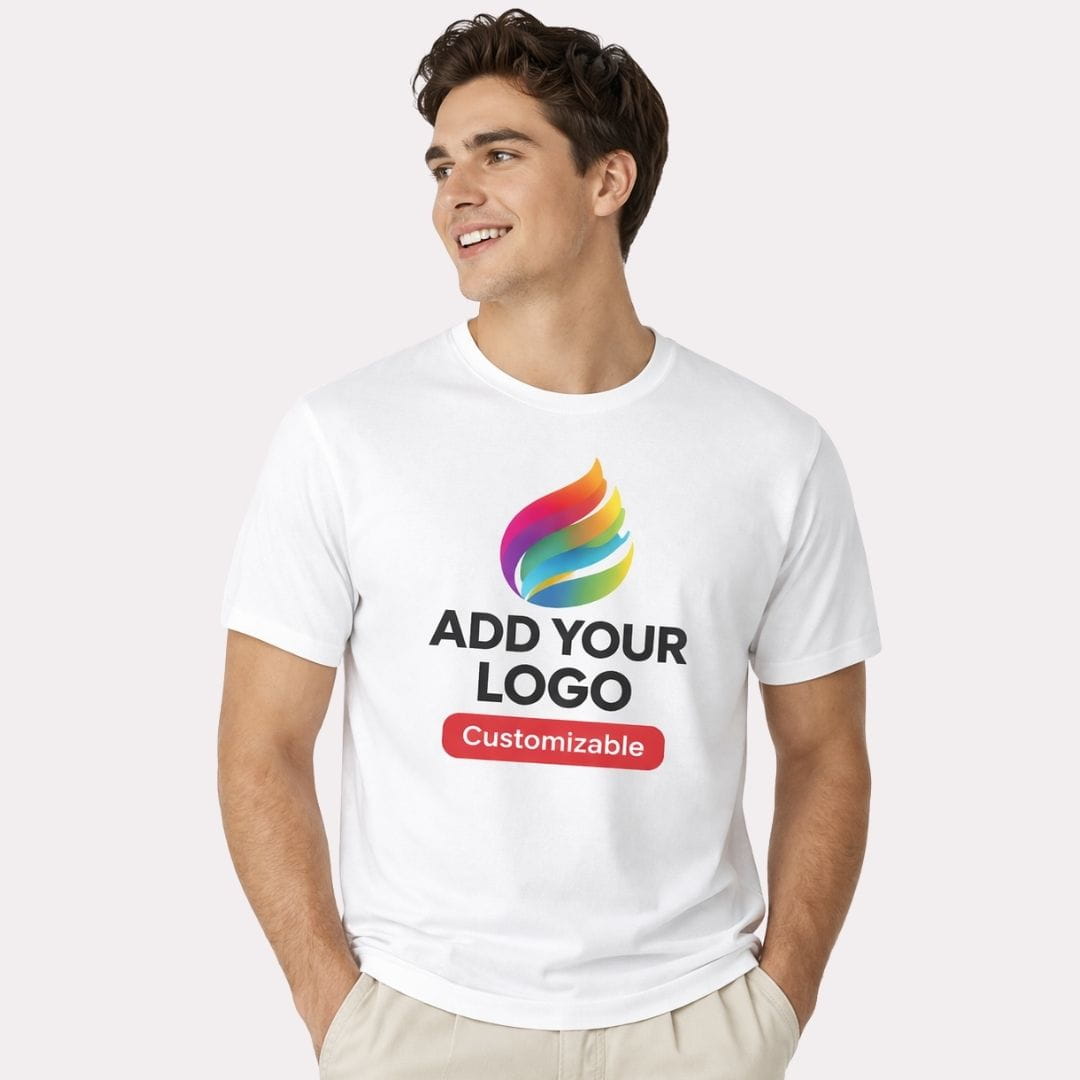 Man wearing a customizable t-shirt with a colorful logo and text on a white background