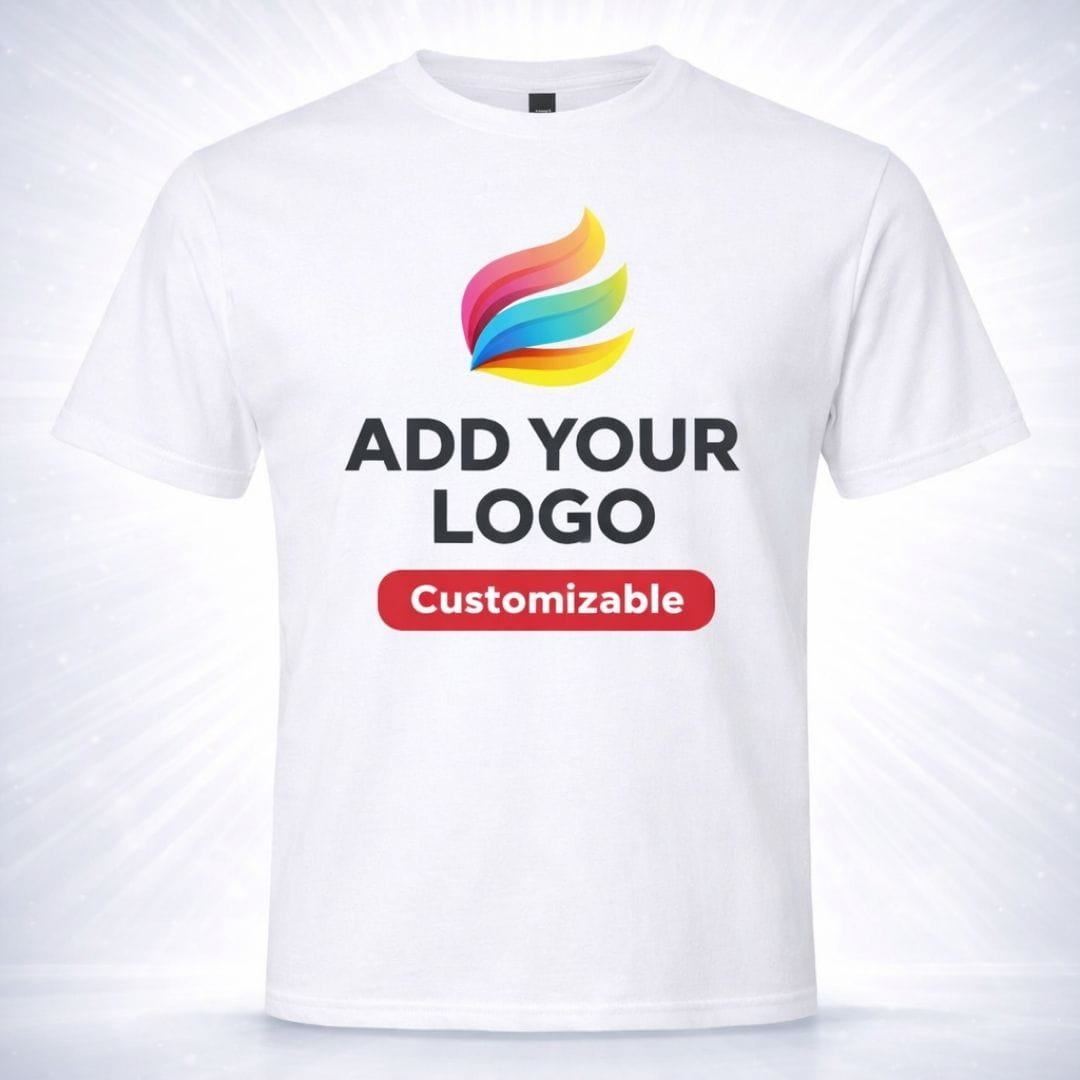 White t-shirt with customizable logo text and colorful logo on a white background