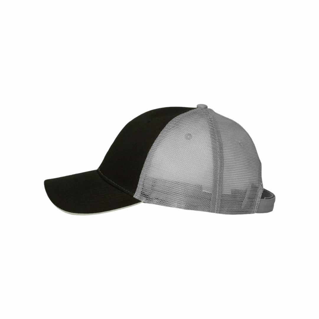 Black and gray cap with mesh back on a white background