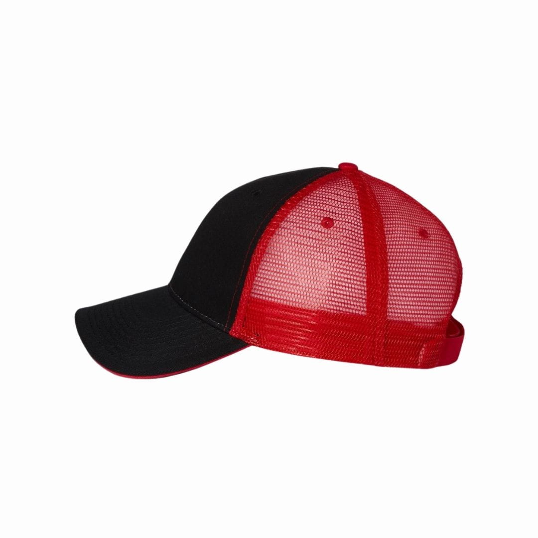Black and red cap with mesh back on a white background