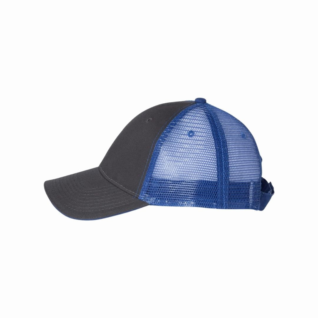 Black baseball cap with blue mesh back on a white background