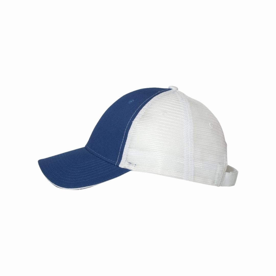 Blue and white baseball cap on a white background