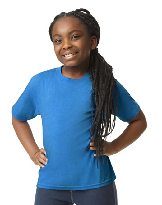 Young girl wearing a blue t-shirt on a white background
