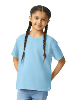Young girl wearing a light blue t-shirt on a white background