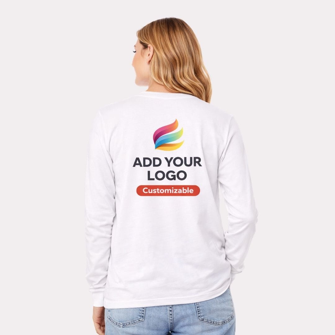 White long-sleeve shirt with customizable logo text on the back, worn by a person.