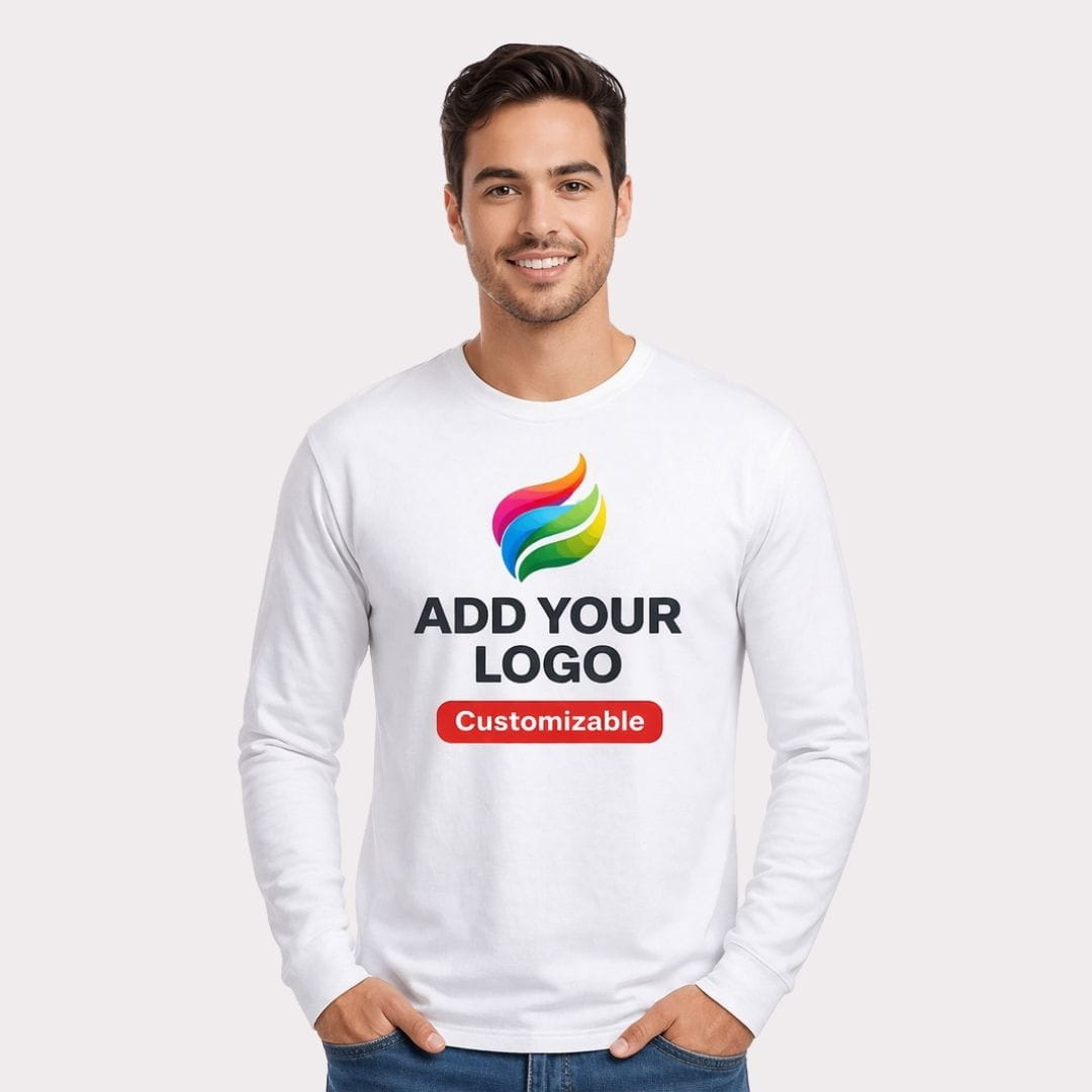 White long-sleeve shirt with customizable logo text and design on a white background