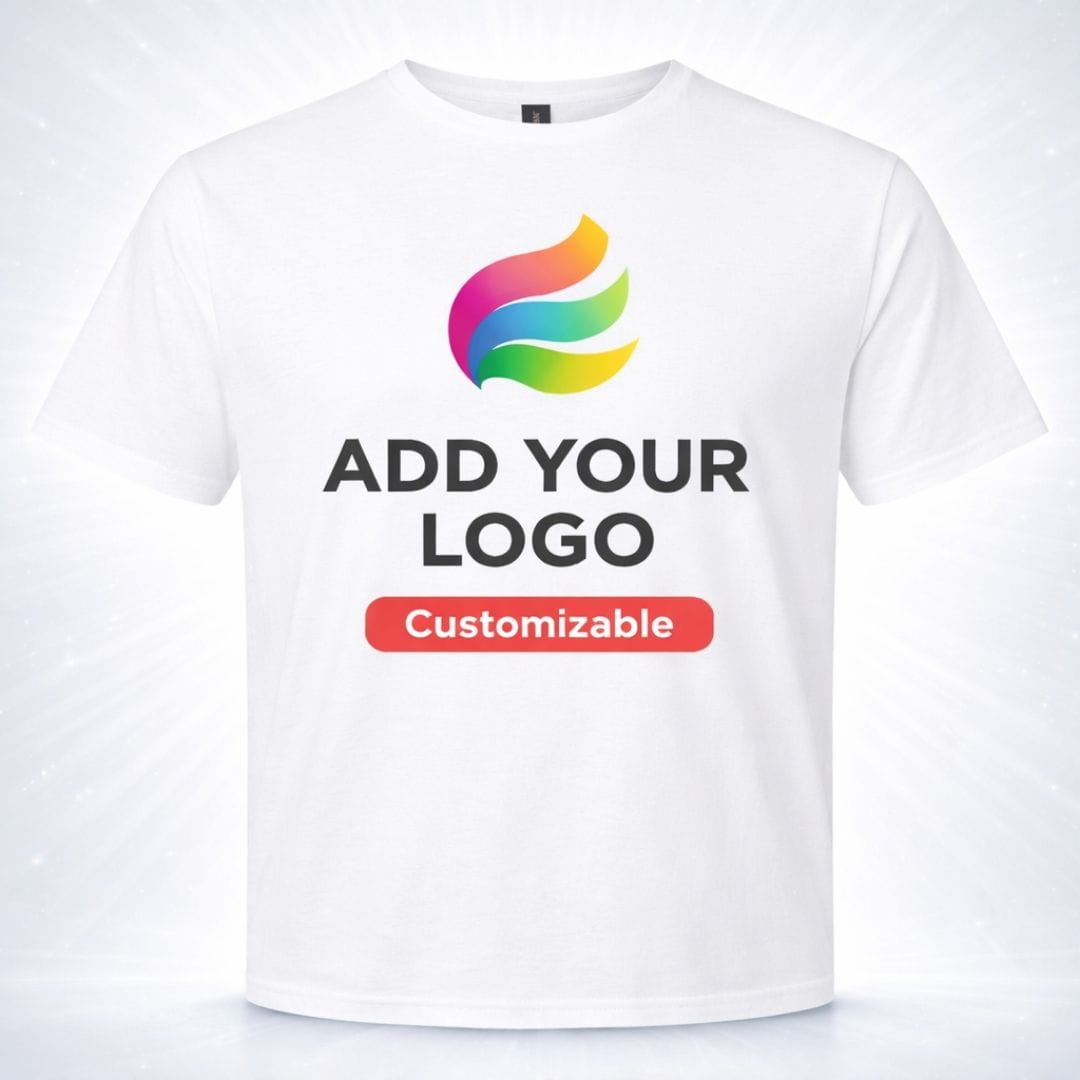 White t-shirt with customizable logo text and colorful logo on a white background