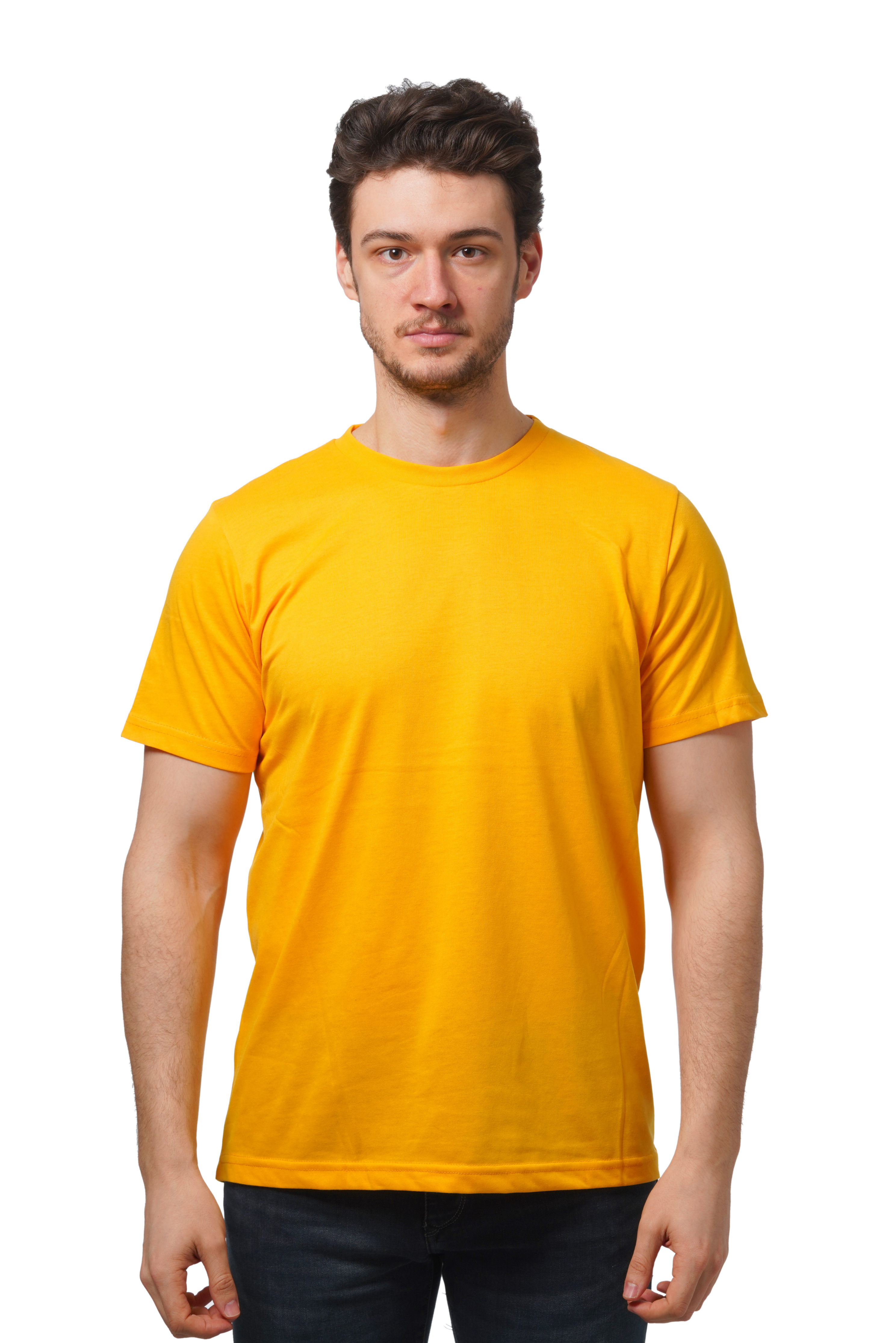 Man wearing a yellow t-shirt on a white background