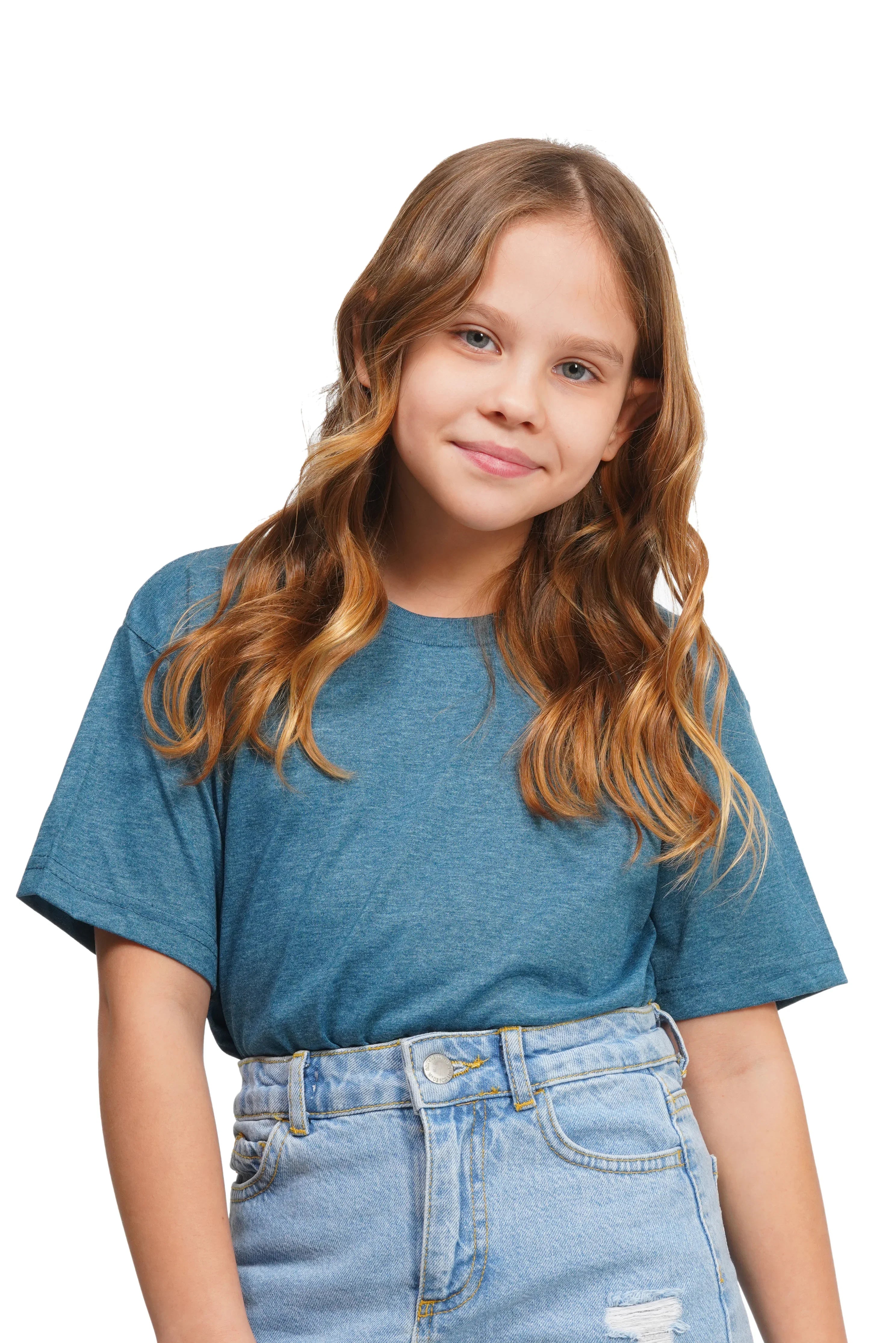 Young girl wearing a blue t-shirt and jeans on a white background