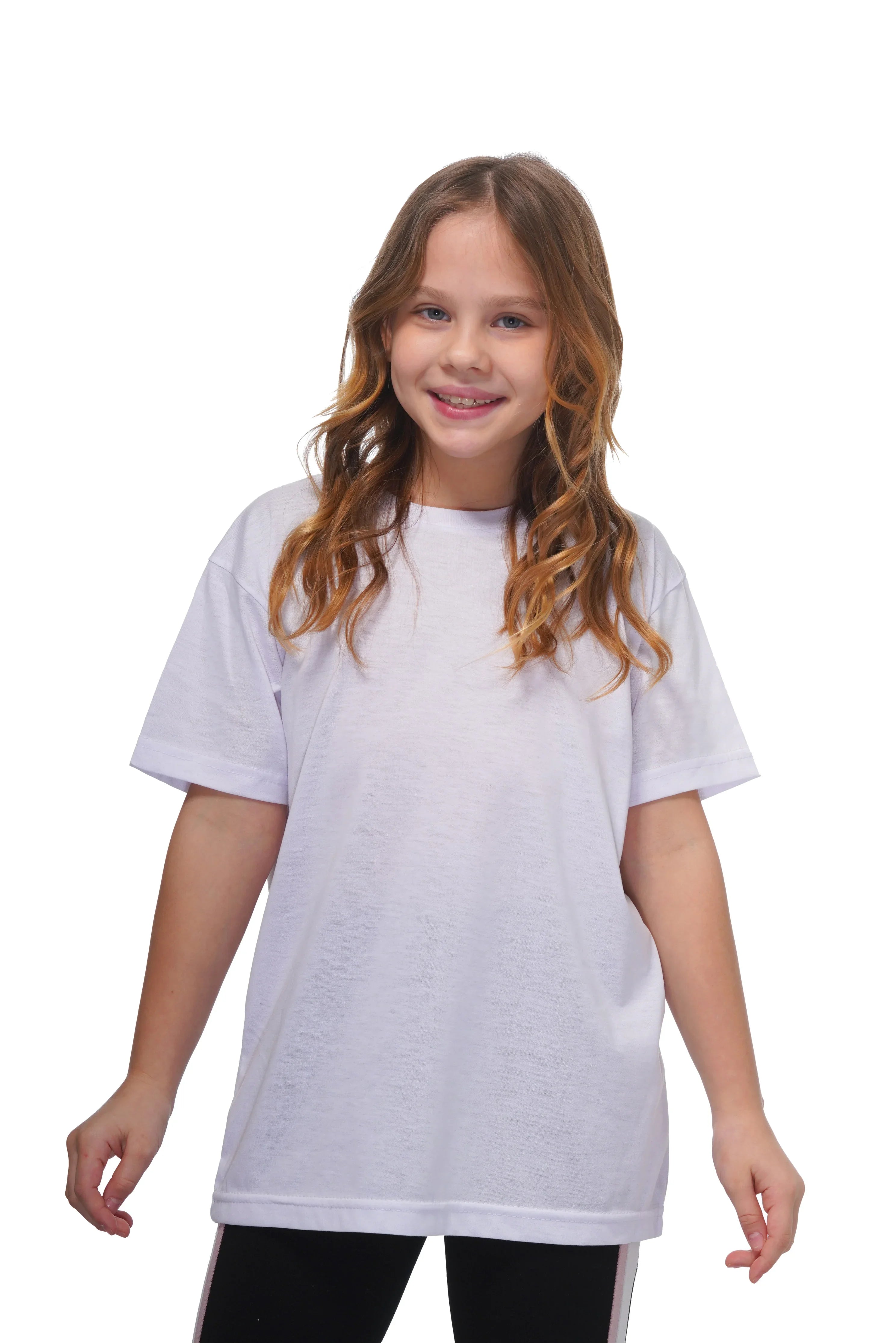 Young girl wearing a plain white t-shirt on a white background