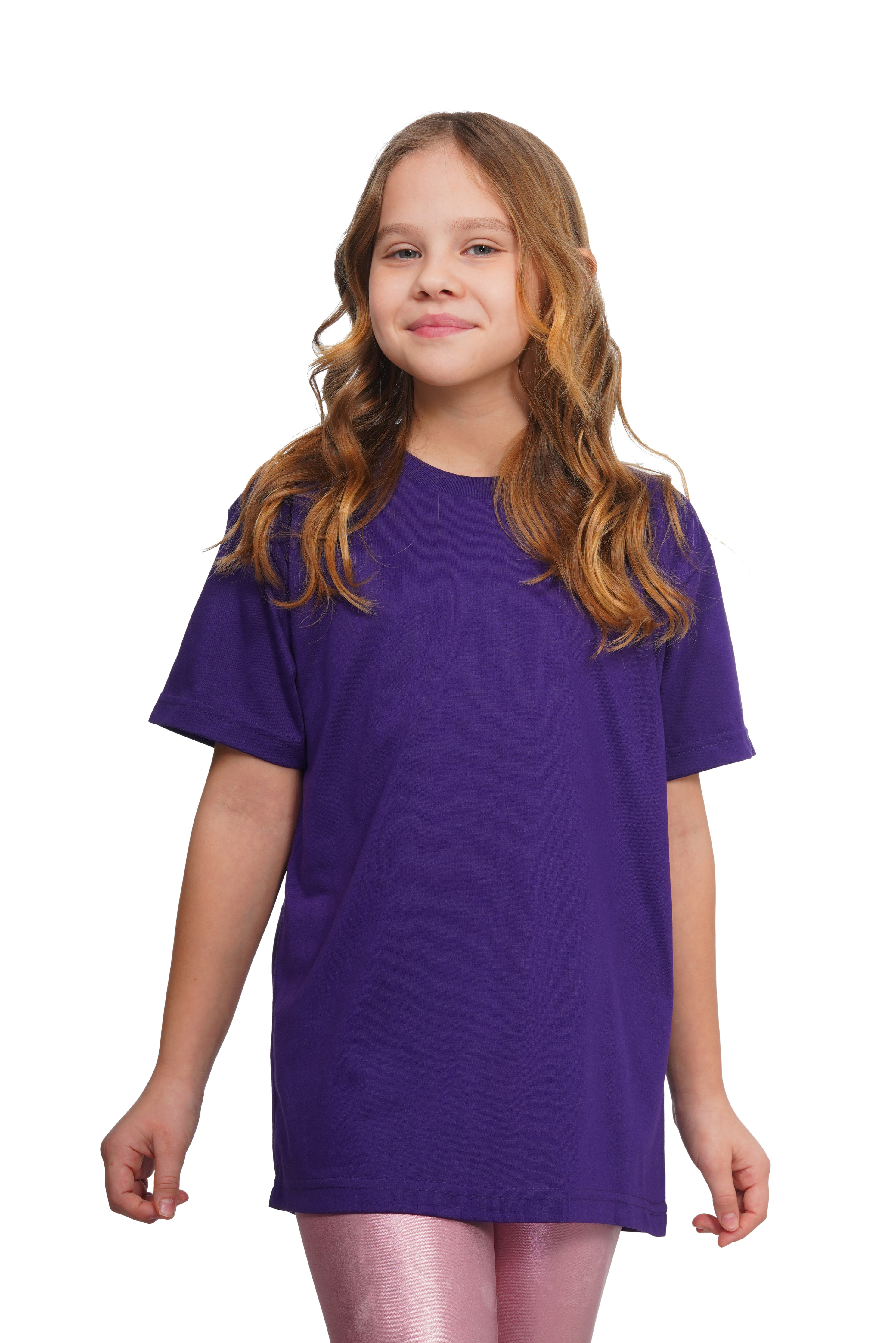 Young girl wearing a purple t-shirt on a white background