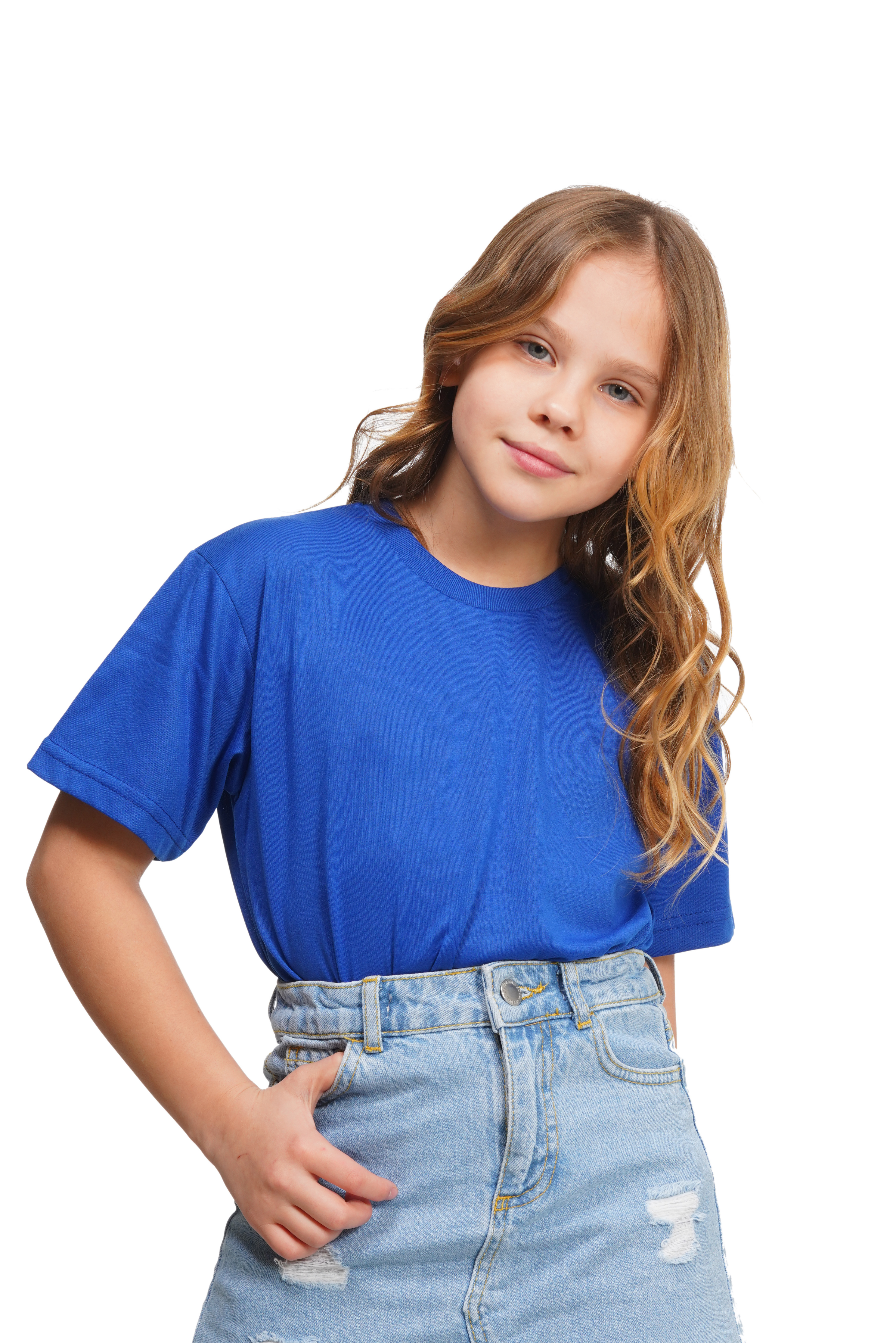Young girl wearing a blue t-shirt and light blue jeans on a white background