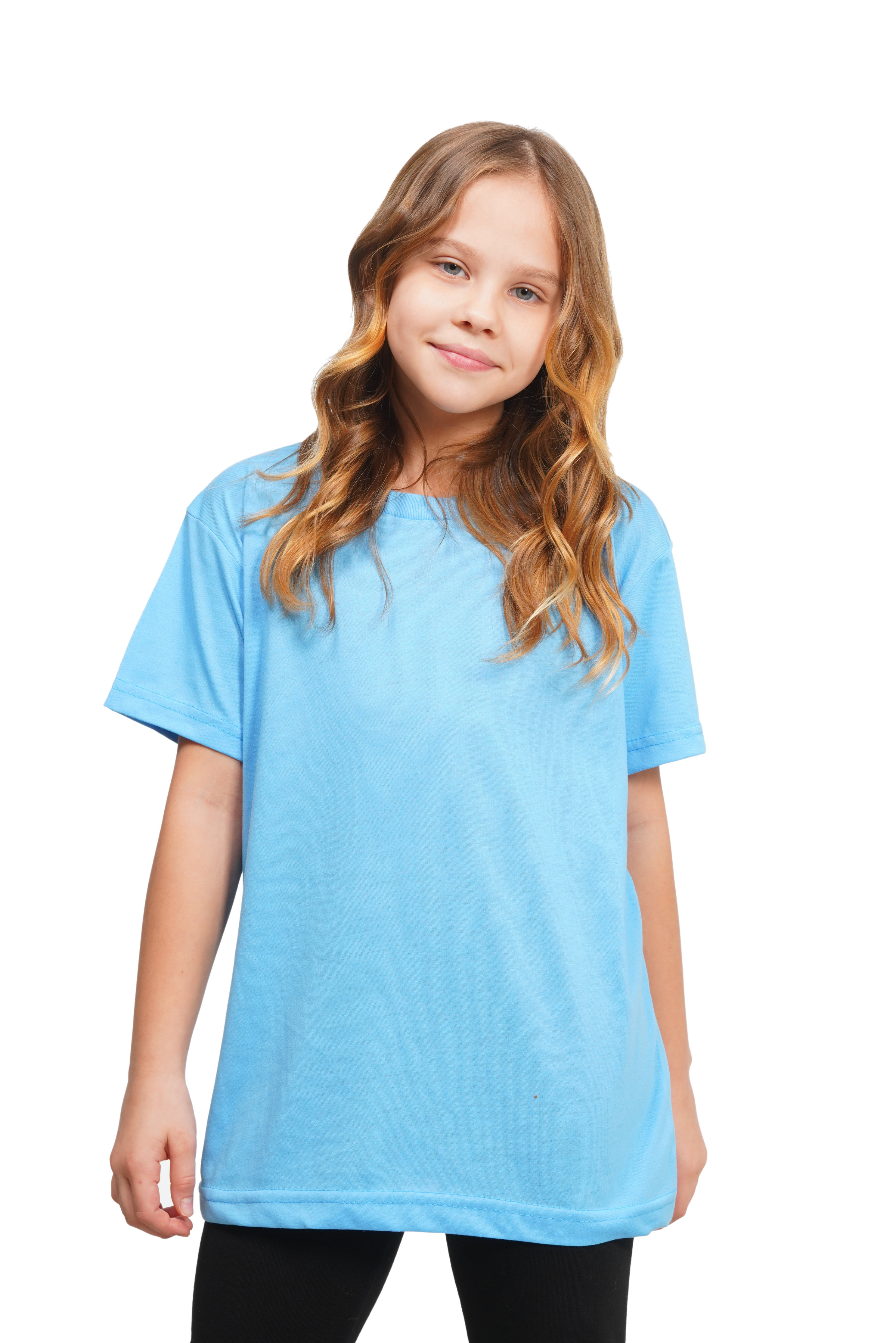 Young girl wearing a light blue t-shirt on a white background