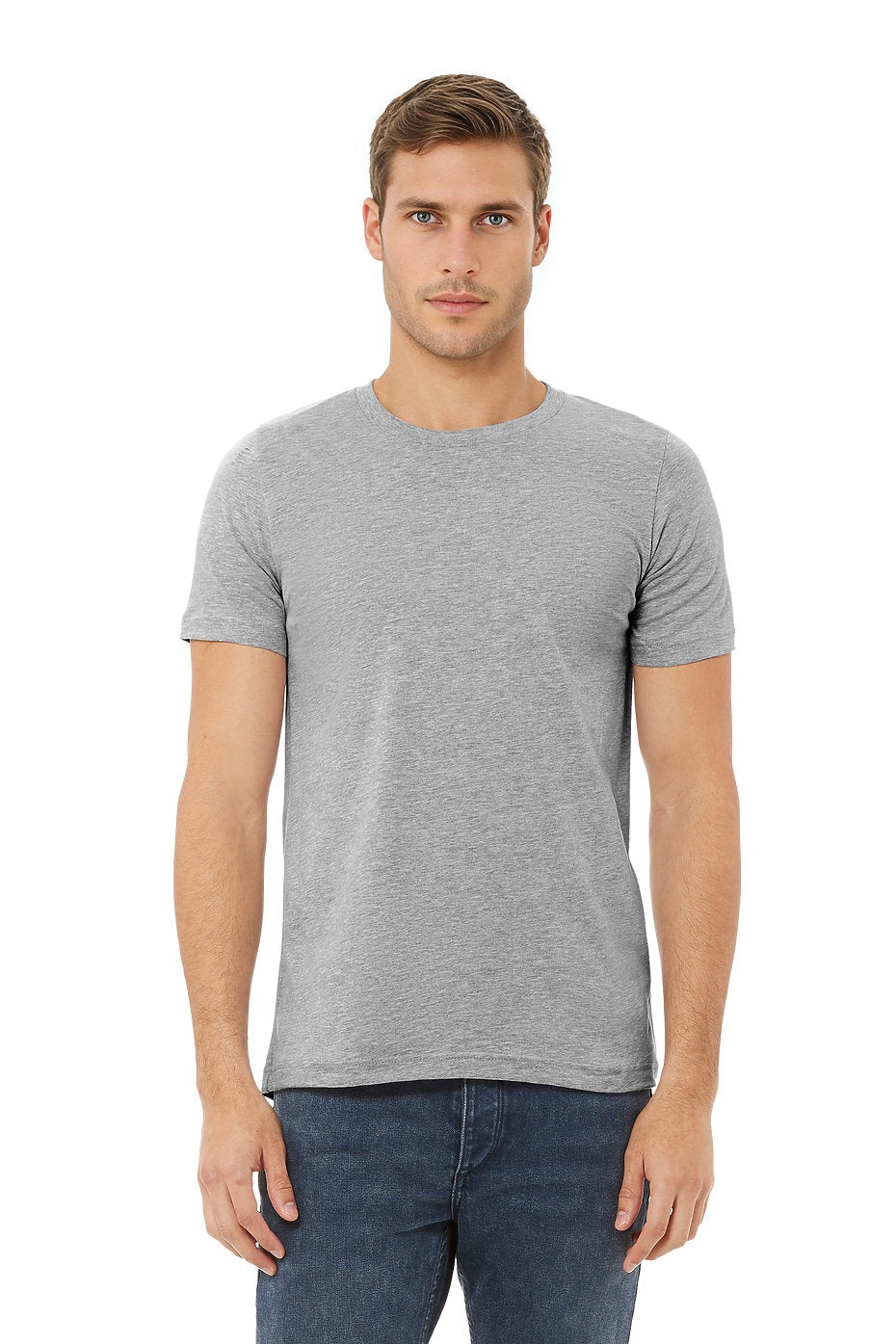 Man wearing a gray t-shirt and blue jeans on a white background