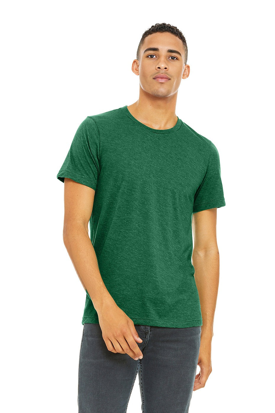 Man wearing a green t-shirt on a white background
