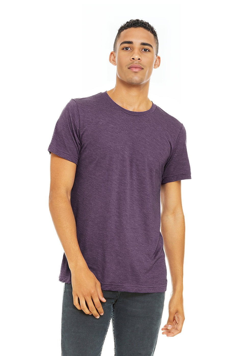 Man wearing a purple t-shirt on a white background