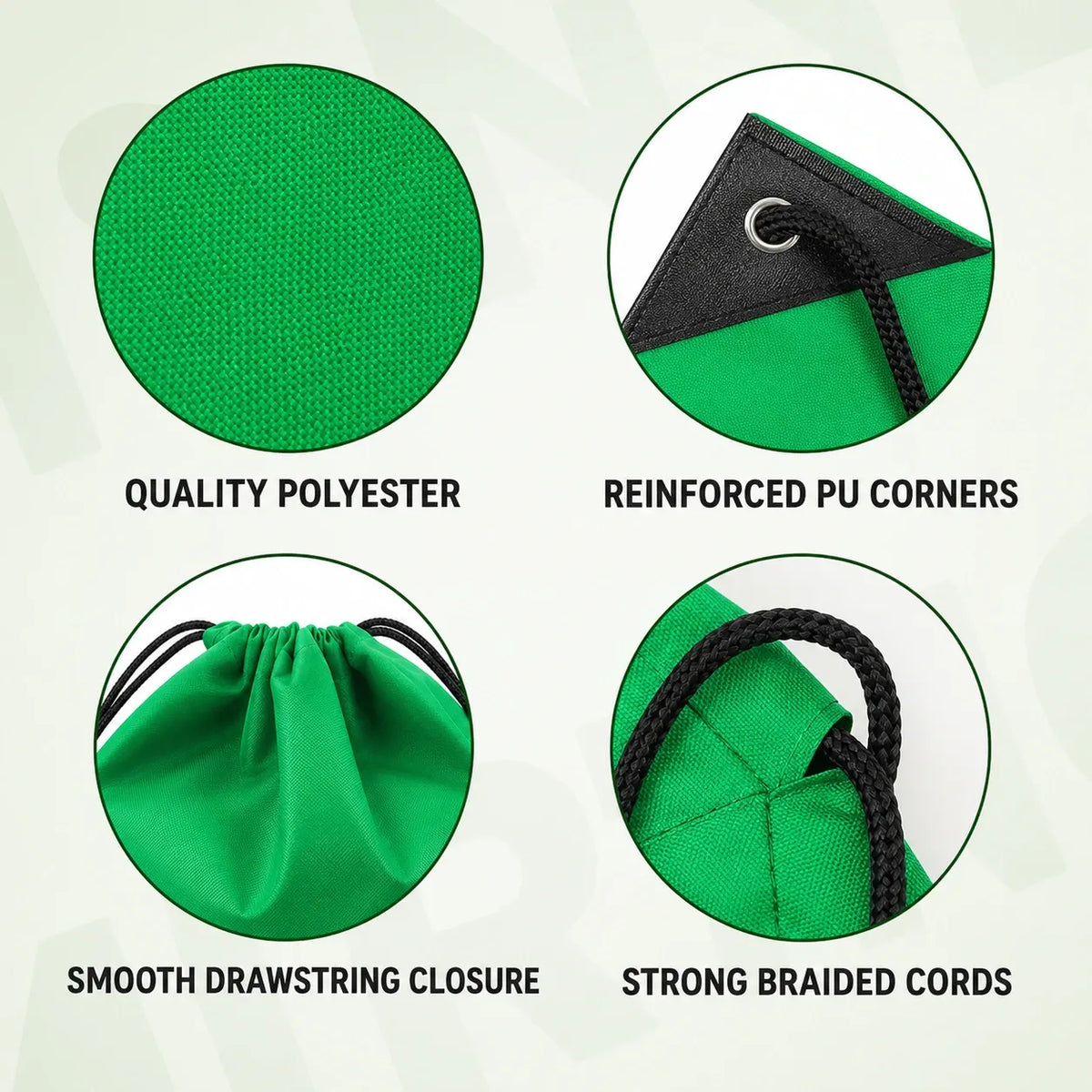 Four circular detail callouts on a light background showing a green drawstring bag: a close-up of the green polyester fabric, a corner detail with black reinforced trim and drawstring cord, a drawstring closure view, and a braided cord detail. Text labels describe the features.