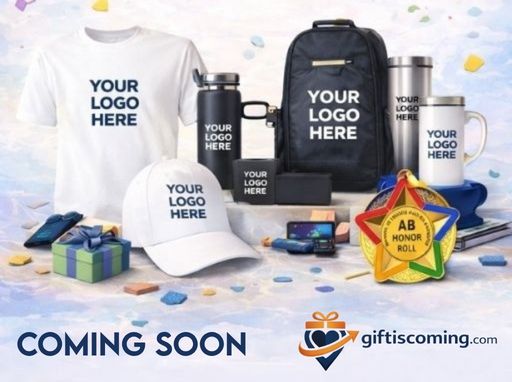 Promotional graphic for 'giftiscoming.com' with customizable product mockups and 'Coming Soon' text.