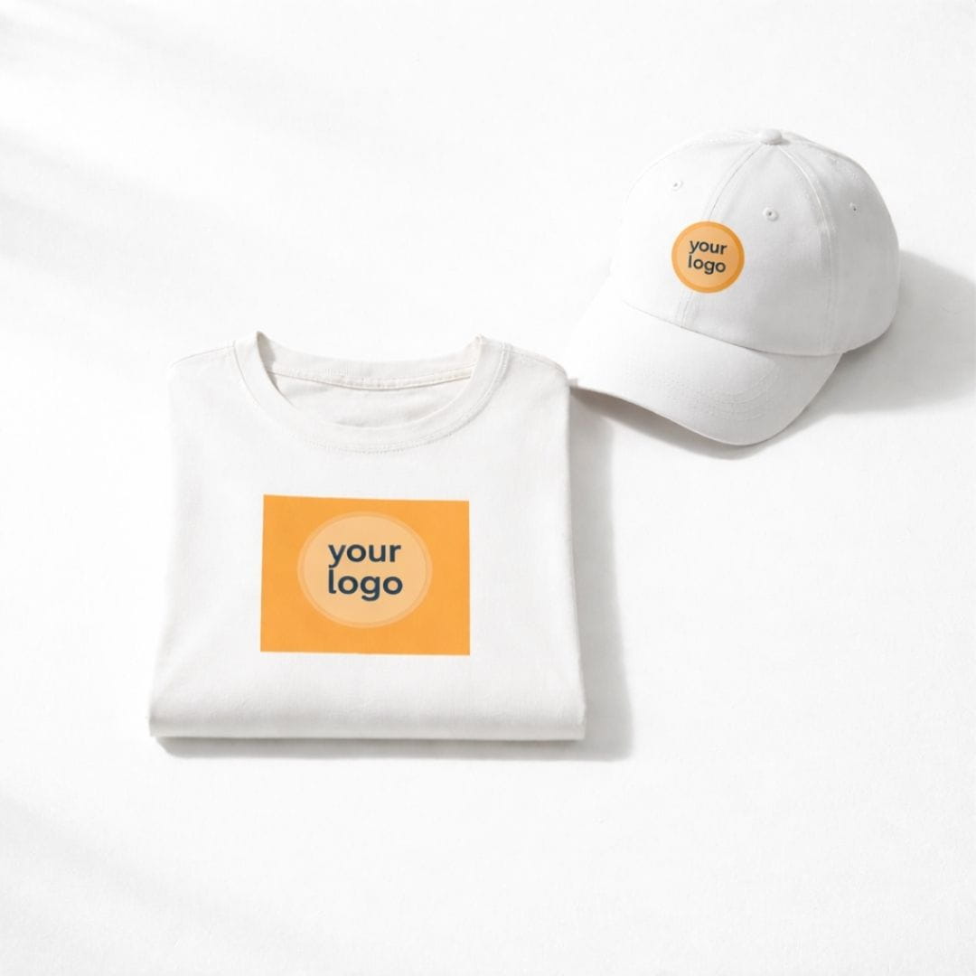 White sweatshirt and cap with 'your logo' text on a white background