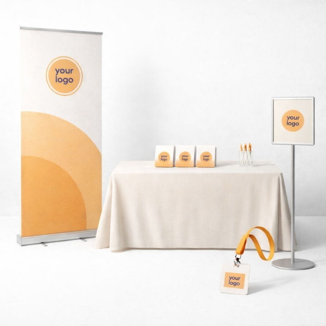 Promotional setup with a banner, table, and accessories on a white background