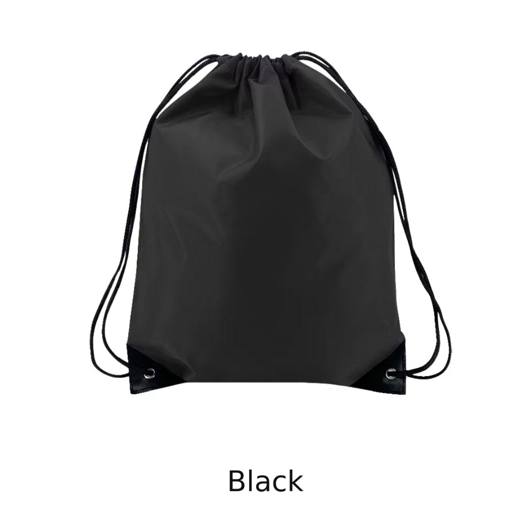 A black drawstring gym bag with black cords and black corner accents, shown against a plain white background with the word 'Black' printed below.