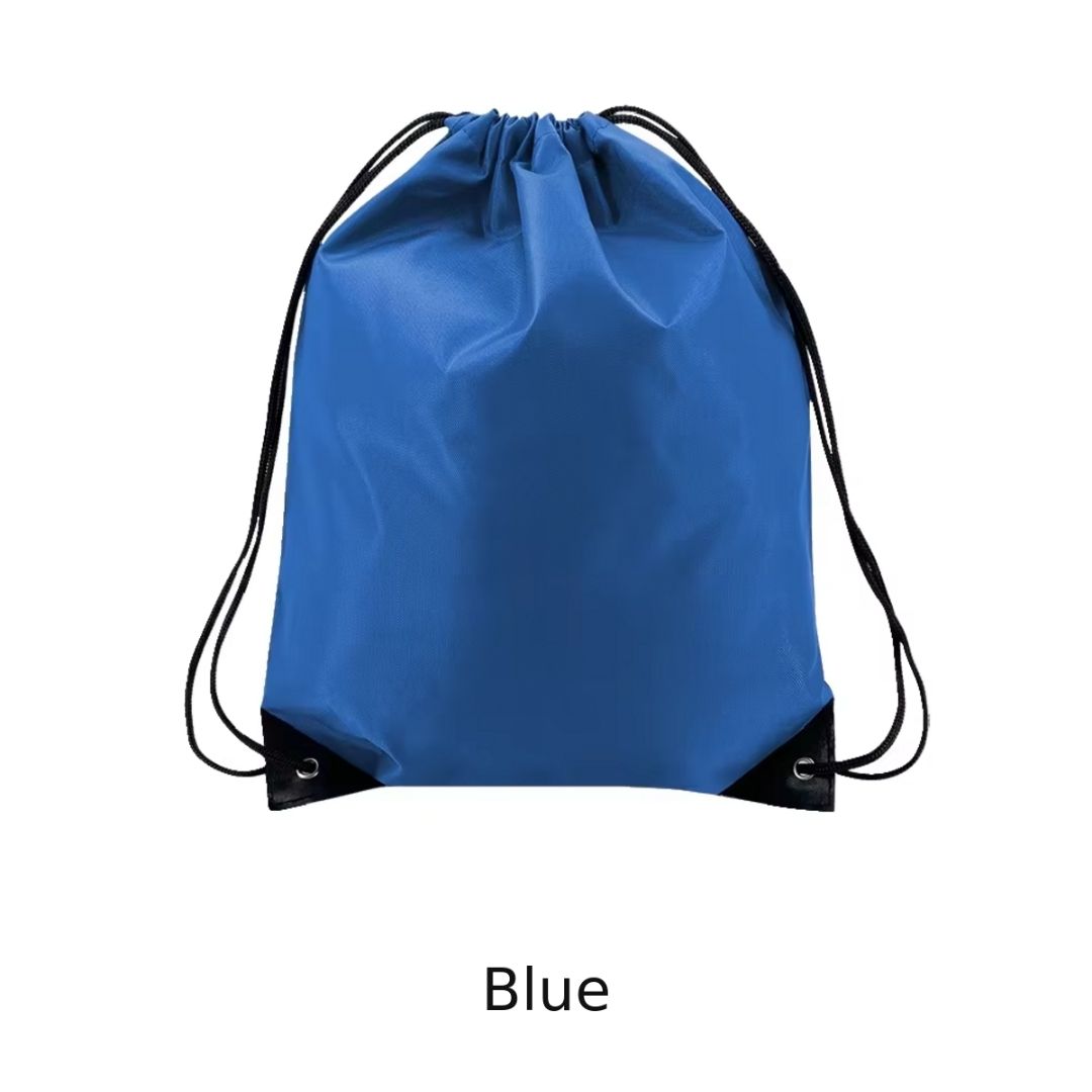 A blue drawstring gym bag with black cords and black corner accents, shown against a plain white background with the word 'Blue' printed below.